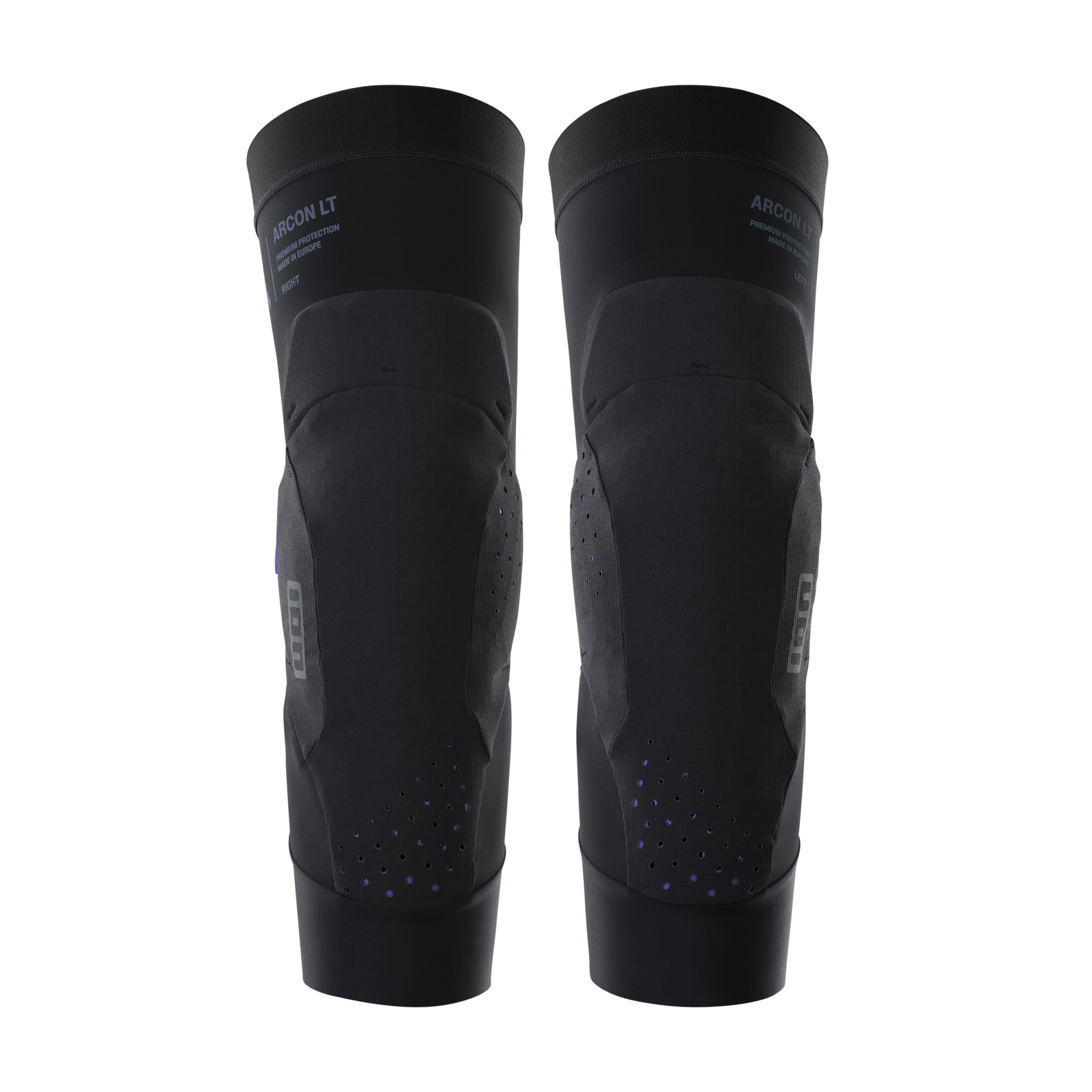 ION Bike Arcon LT knee guard in black with CE L2 biodegradable pad, pair front view
