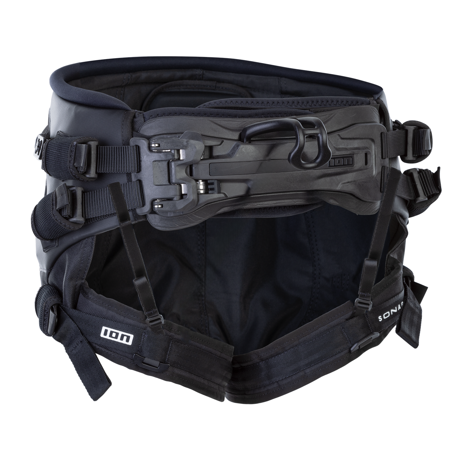 ION Sonar seat harness in black with Spectre Bar and kite hook for kite foiling