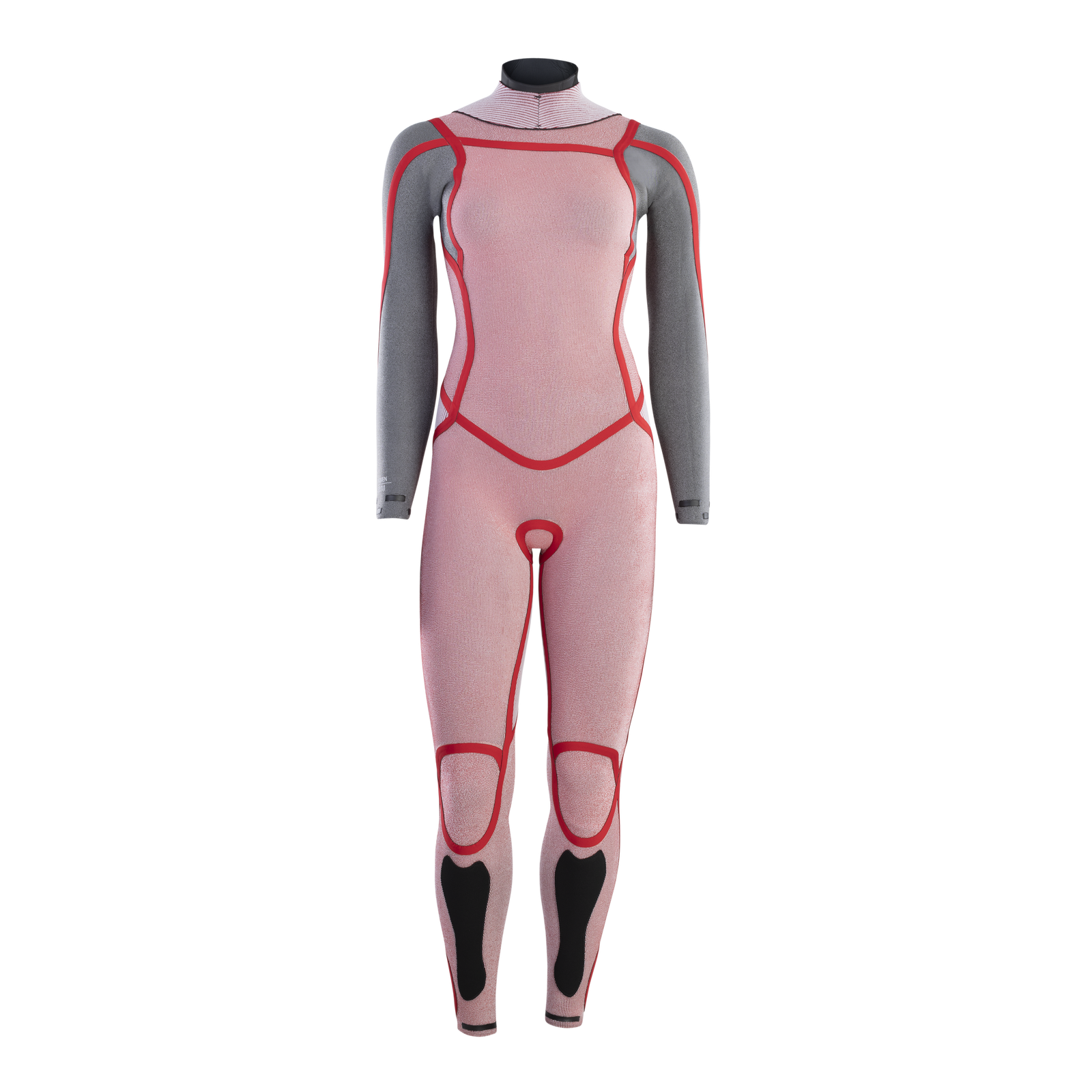 ION Amaze Amp 4/3mm back-zip women's fullsuit in dusty rose and grey with red accents