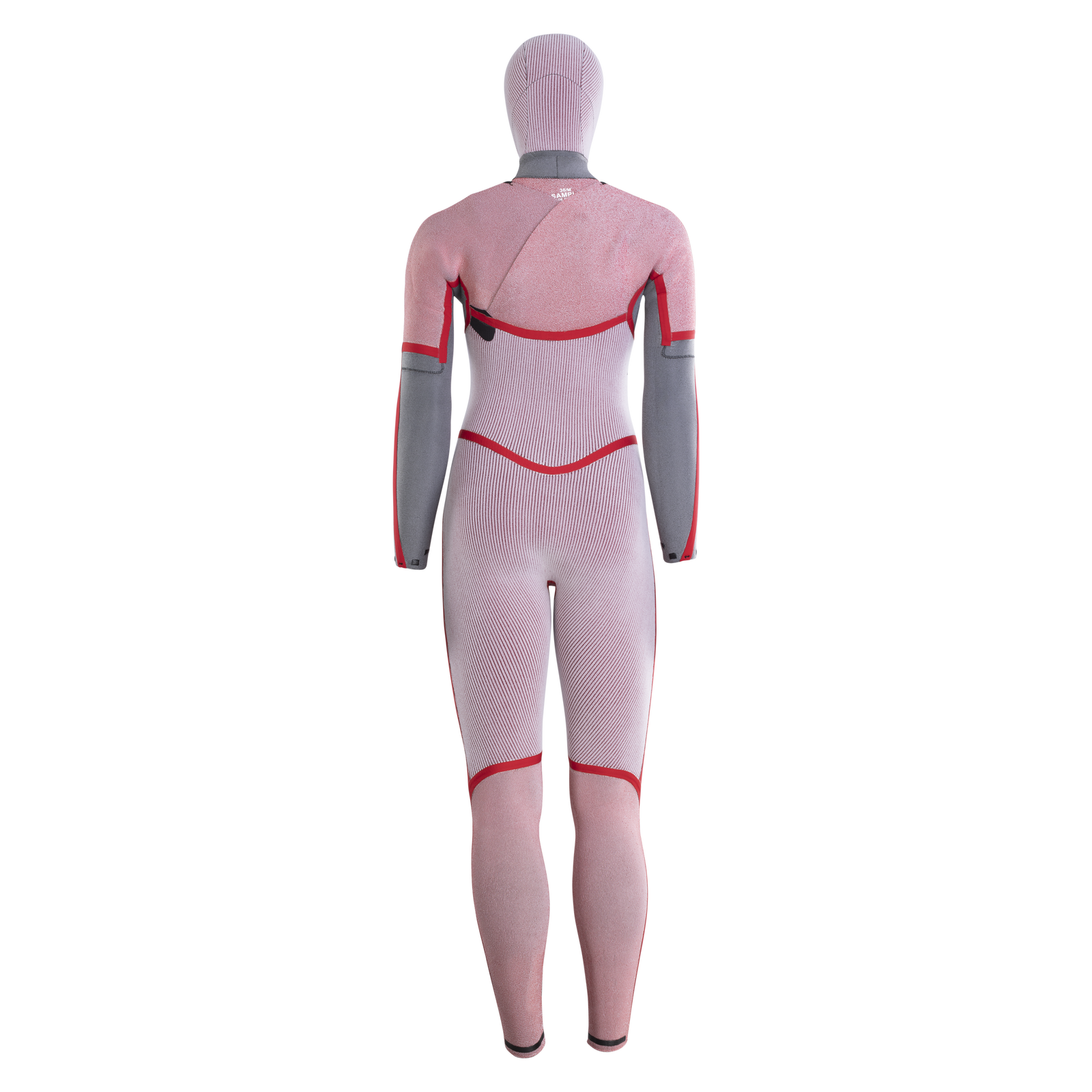 ION Amaze Amp 6/5mm hooded front-zip fullsuit wetsuit in dusty rose and grey, back view