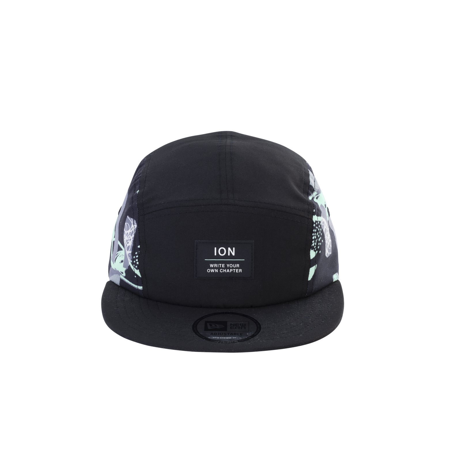 ION Refresh Light 5-Panel Cap in schwarz mit floralem Print und New Era Kooperation