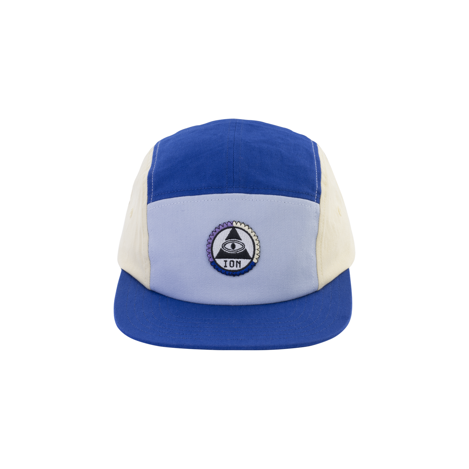 ION Water 5 Panel Cap in royal blue, periwinkle and cream with embroidered ION patch