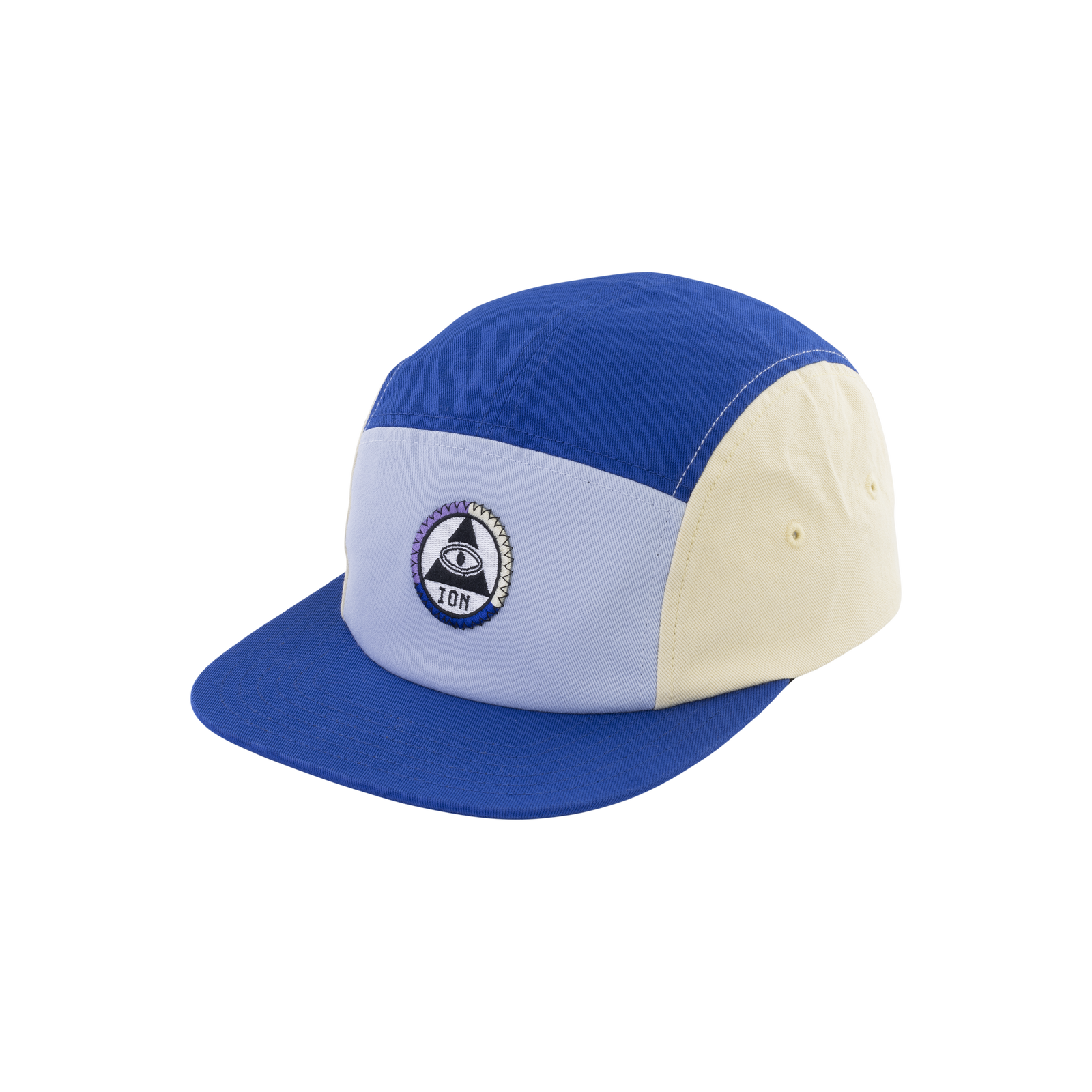 ION 5 Panel Cap in royal blue, light blue and cream with embroidered ION badge