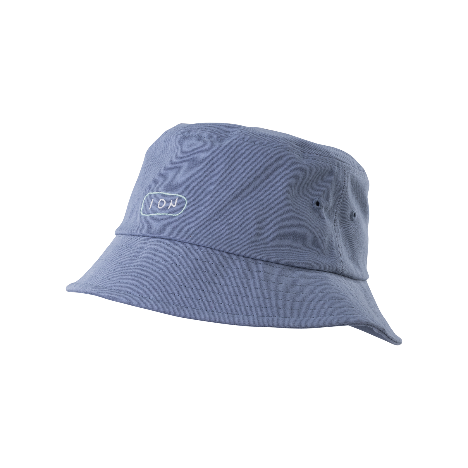 ION bucket hat in slate blue cotton with embroidered white ION logo, three-quarter view
