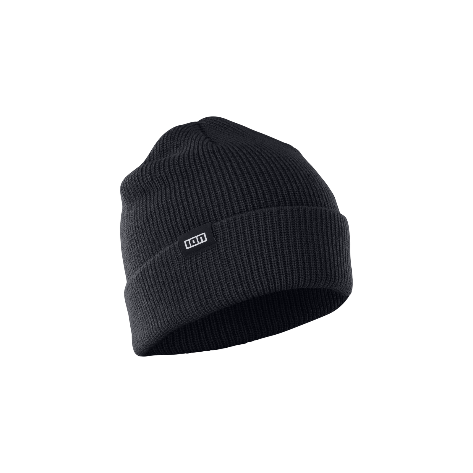 ION Ionic beanie one size in black with ION logo patch on the roll-up cuff