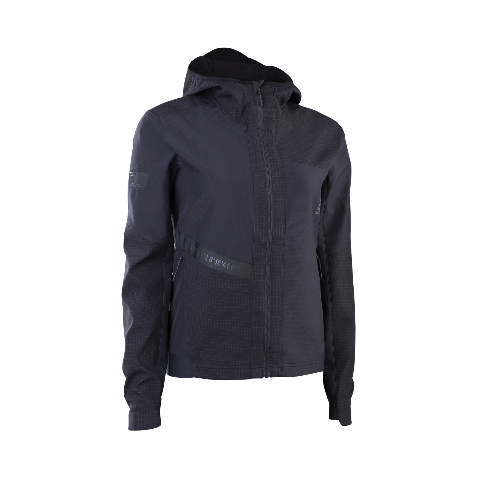 Veste de cyclisme ION Bike Shelter 2L Softshell femme en gris foncé à capuche pour VTT et enduro