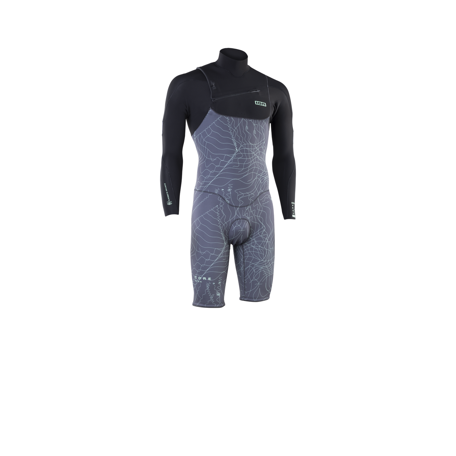 ION Seek Core 3/2mm long sleeve shorty front-zip wetsuit in black and dark grey