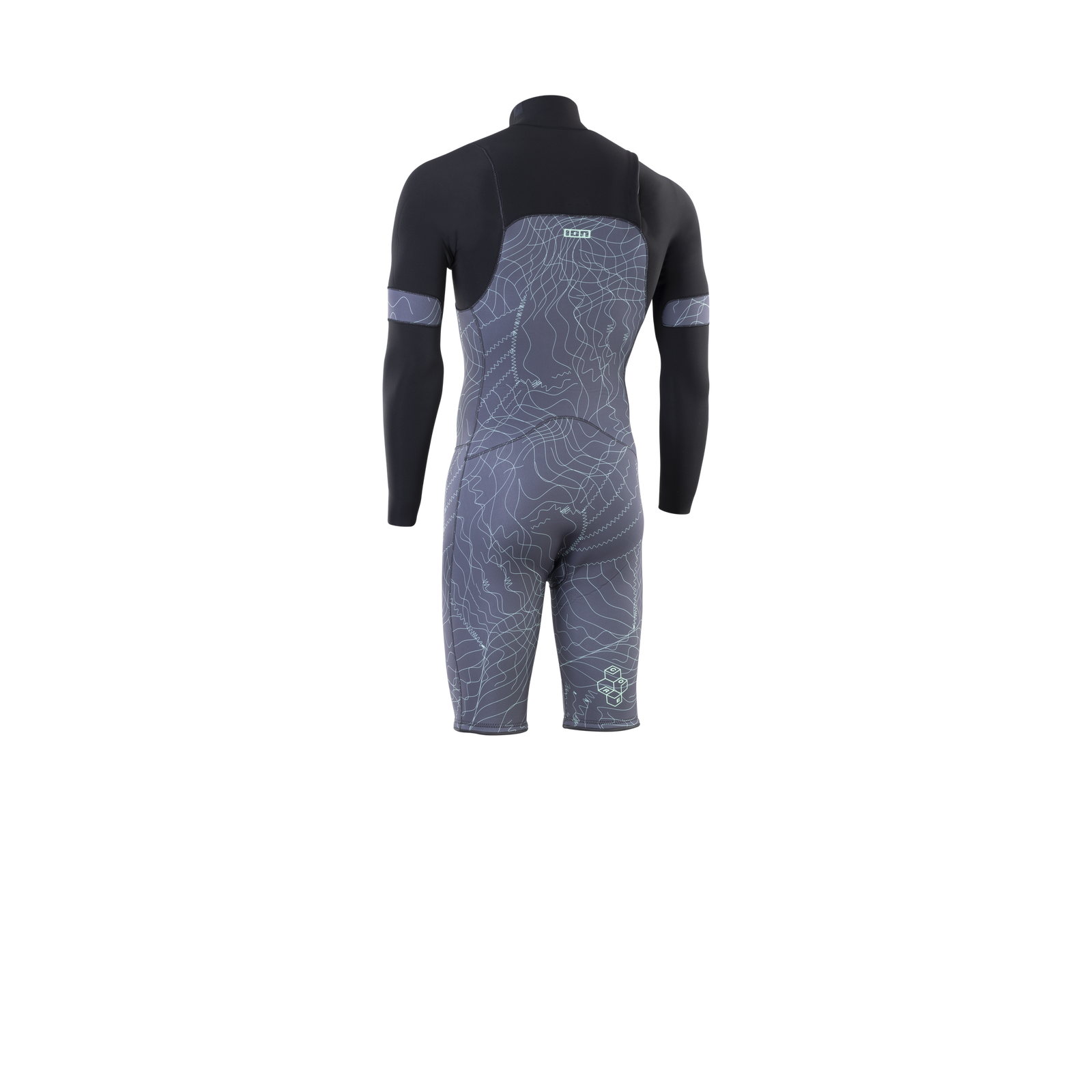 ION Seek Core 3/2mm front-zip long-sleeve shorty wetsuit in dark slate grey and black back view