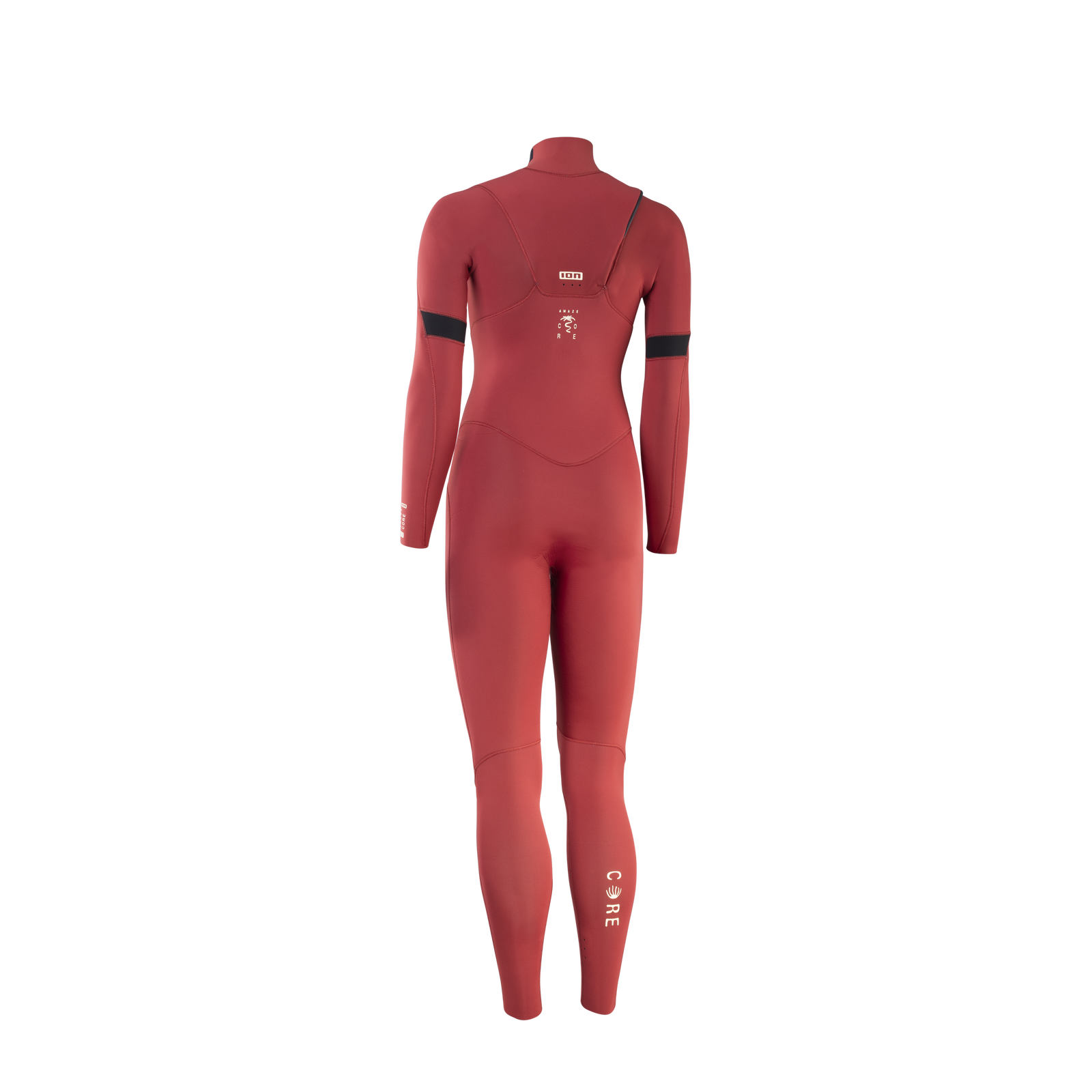 ION Amaze Core 4/3mm front-zip fullsuit wetsuit in dark red — back view