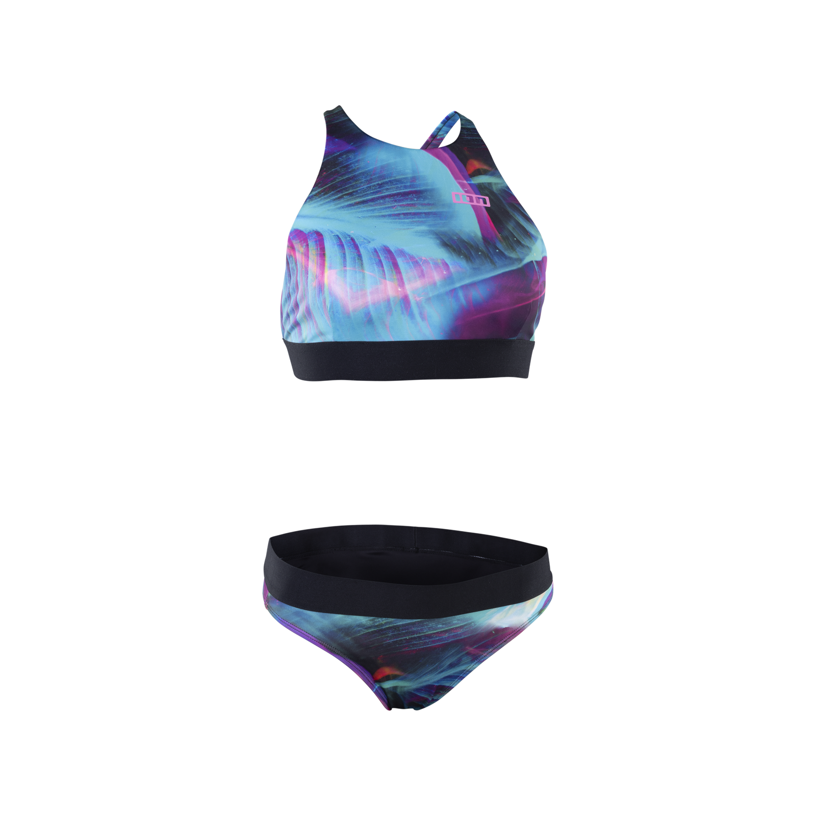 ION Surfkini women's bikini set in dark navy, violet and blue with abstract botanical print
