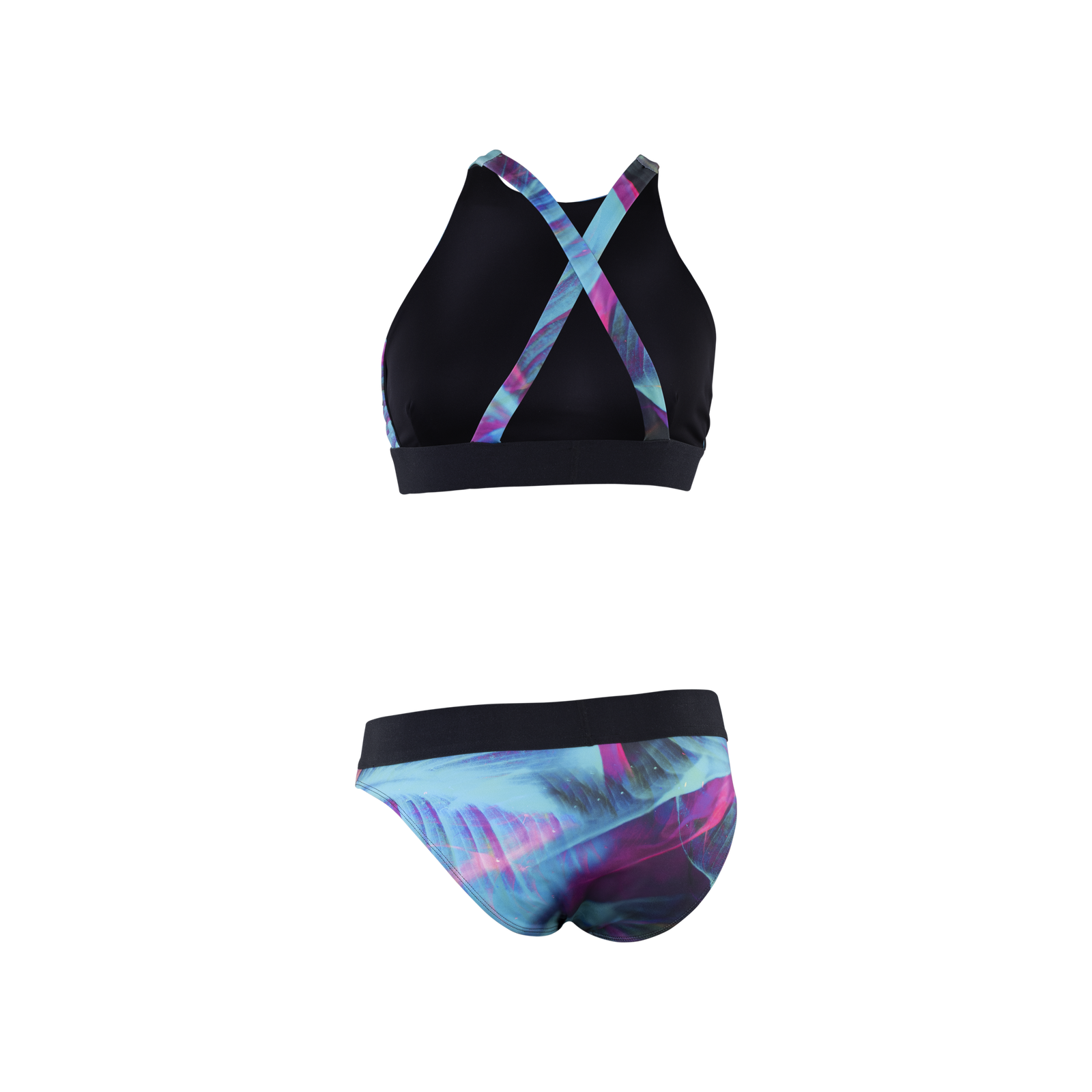 ION Water Surfkini bikini set in black with teal and magenta tropical print
