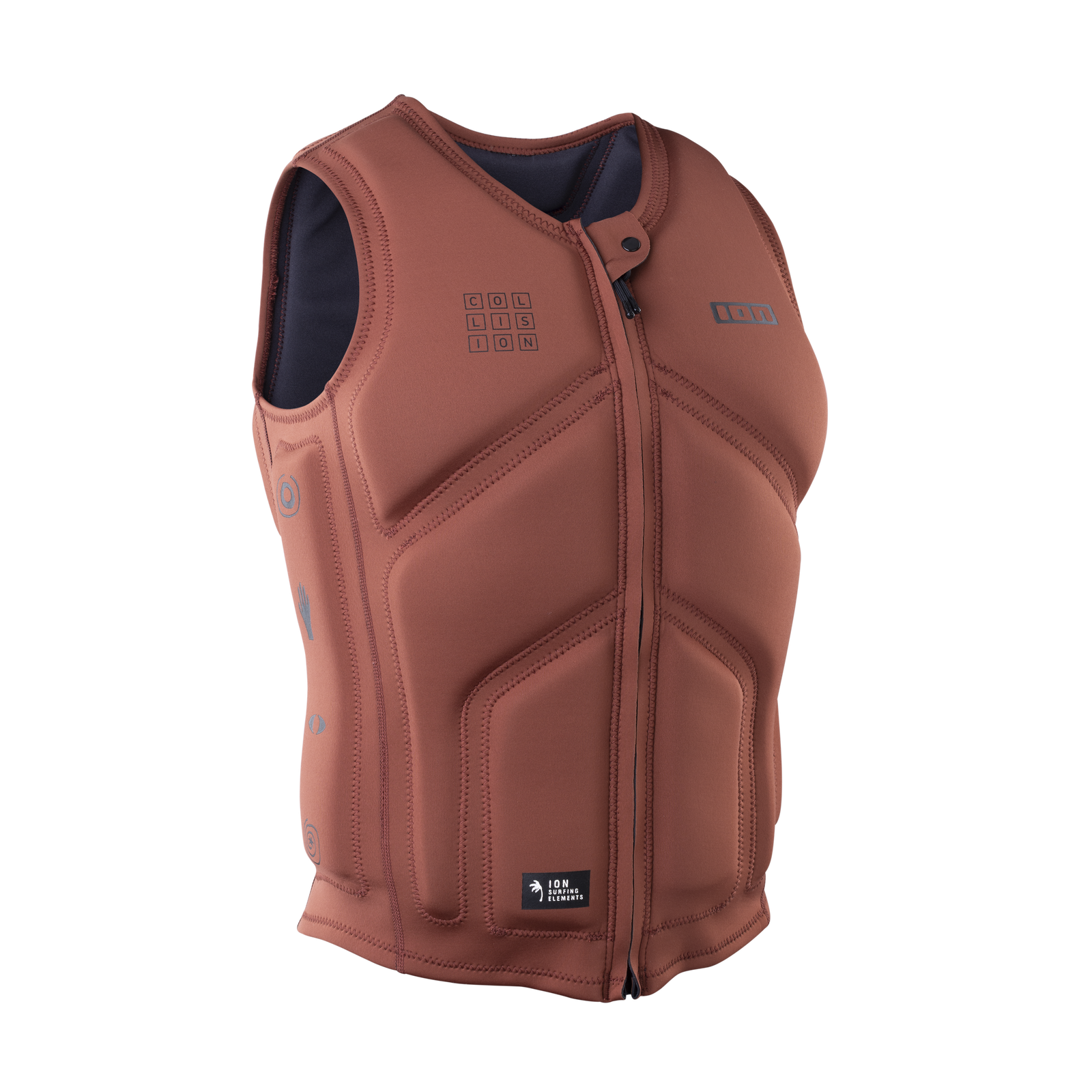 Gilet protettivo ION Collision Core zip frontale uomo in marrone ruggine, vista tre quarti frontale