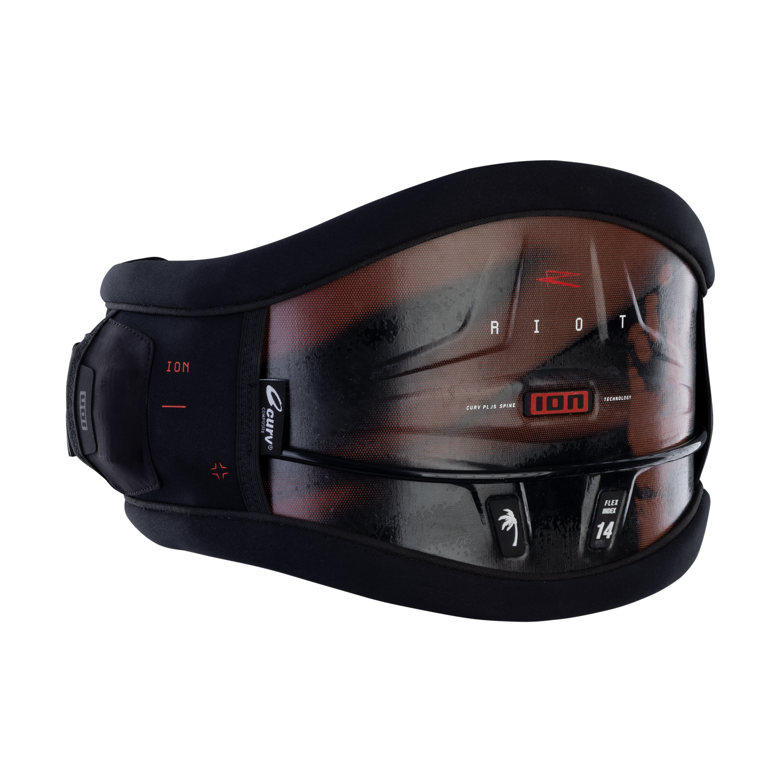 ION Riot Curv waist harness in black with CURV® composite back plate and 3D Fit Technology