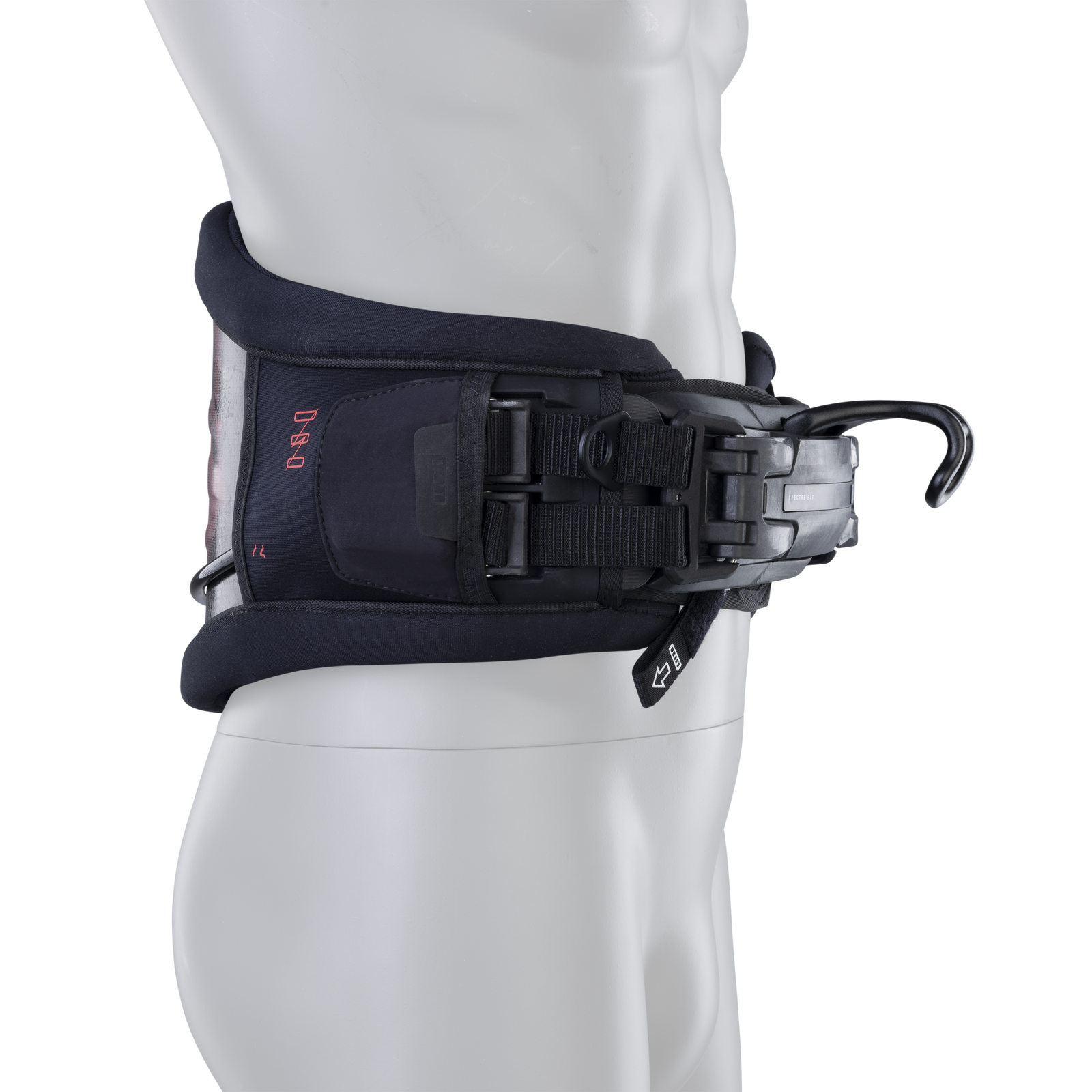 ION Riot Curv waist harness in black with Spectre Bar 2 hook, three-quarter view