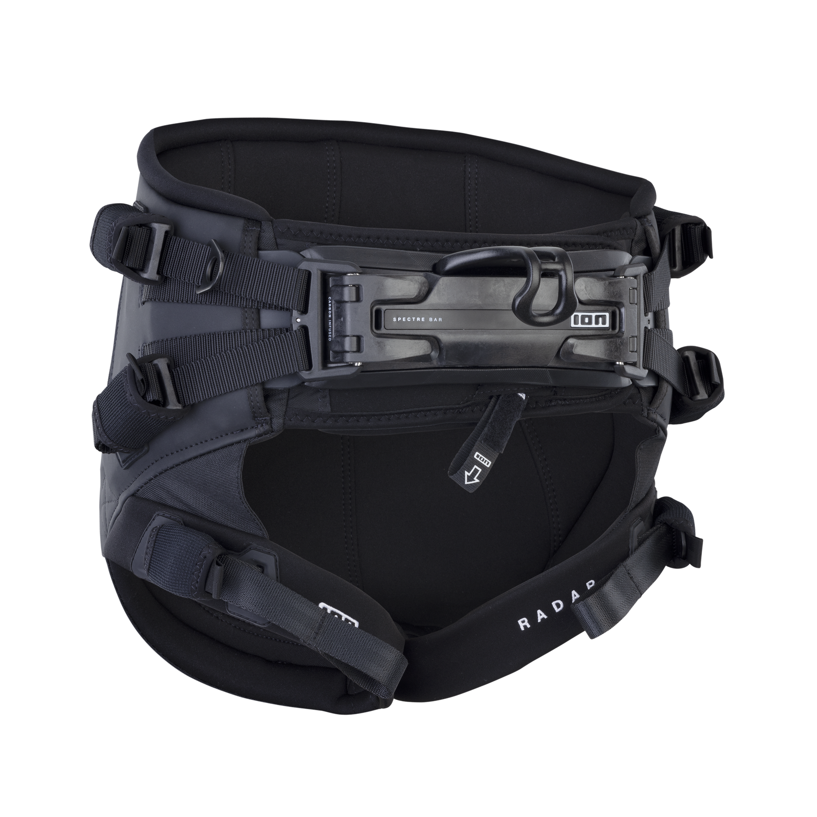 ION Radar seat harness in black with Spectre Bar 2 spreader bar back view