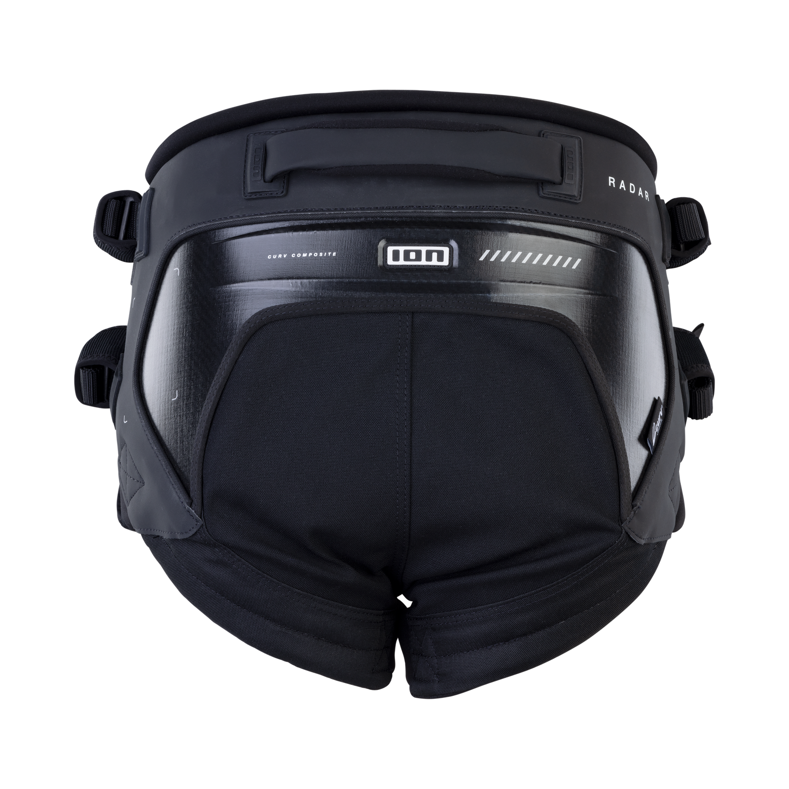 ION Radar seat harness in black with Curv Composite shell and integrated leg straps