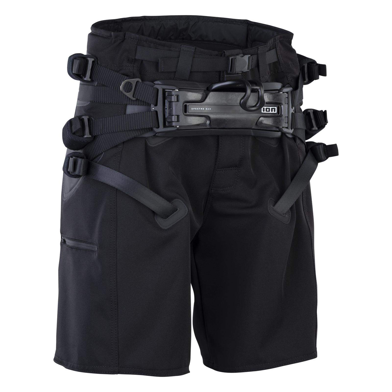 ION B2 kite seat harness in black with Spectre Bar 2 and integrated boardshort design
