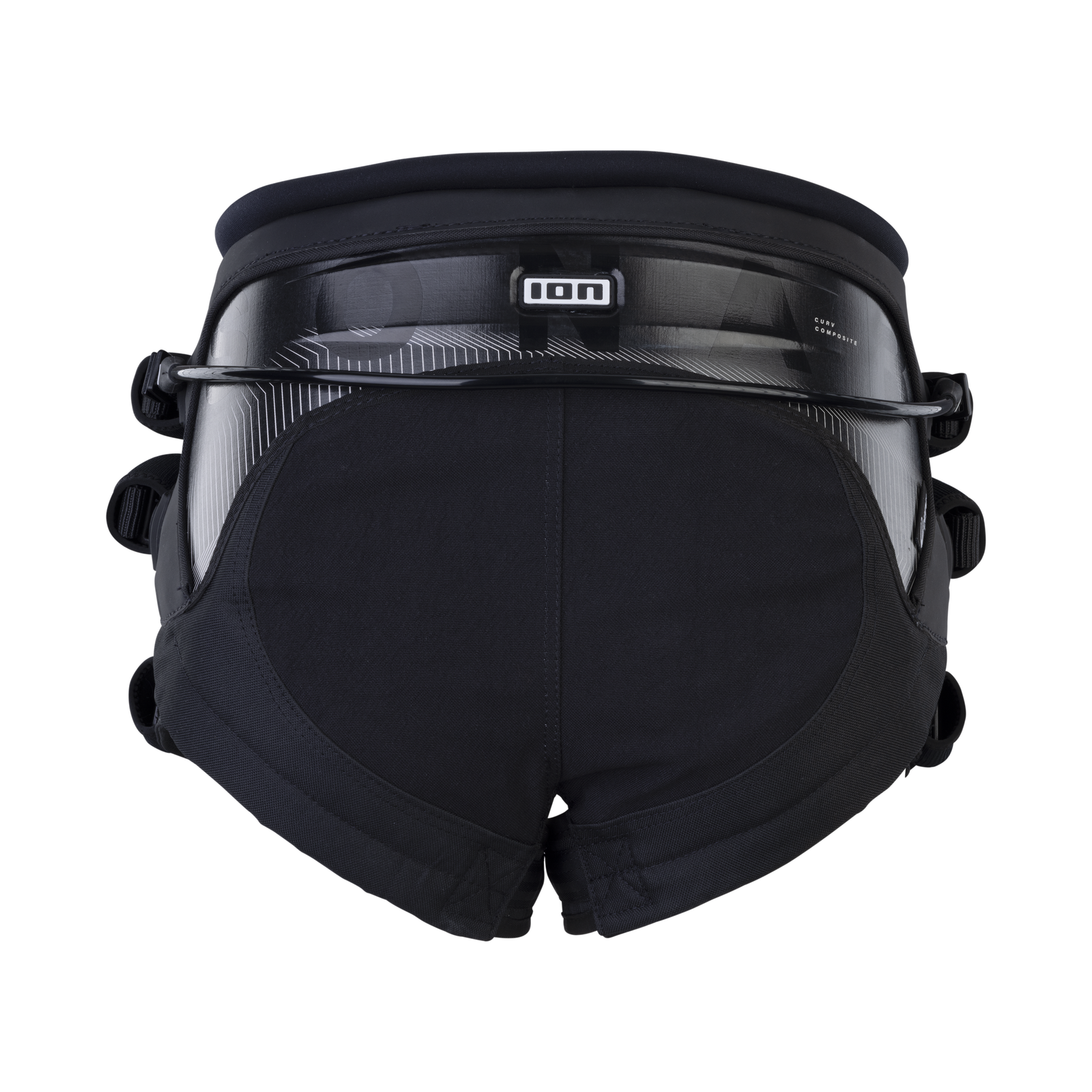 Arnês de assento ION Sonar em preto com costas Core Composite e barra spreader, vista frontal