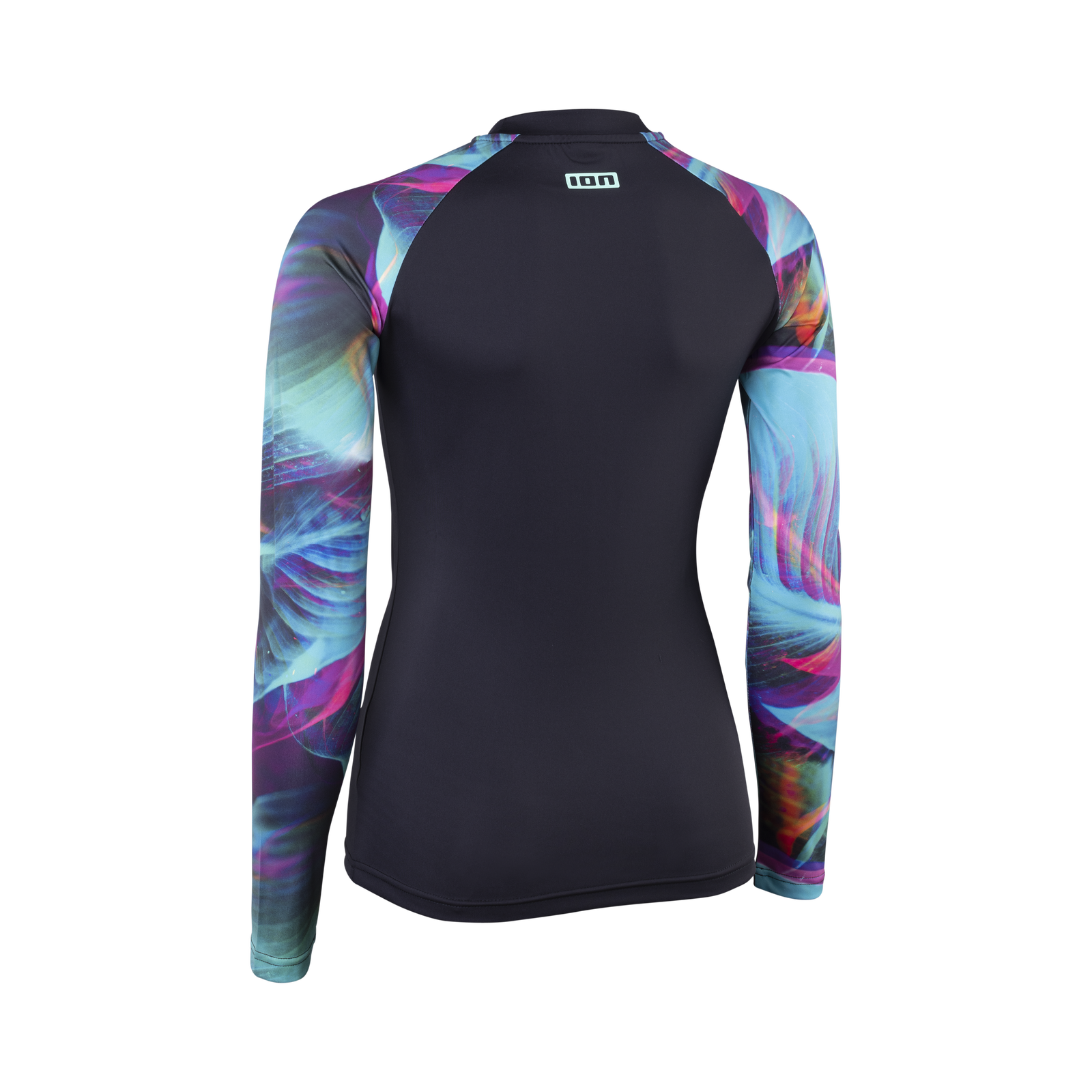 ION Lizz Langarm-Rashguard Damen in dunkelblau mit abstraktem Print in türkis, lila und magenta