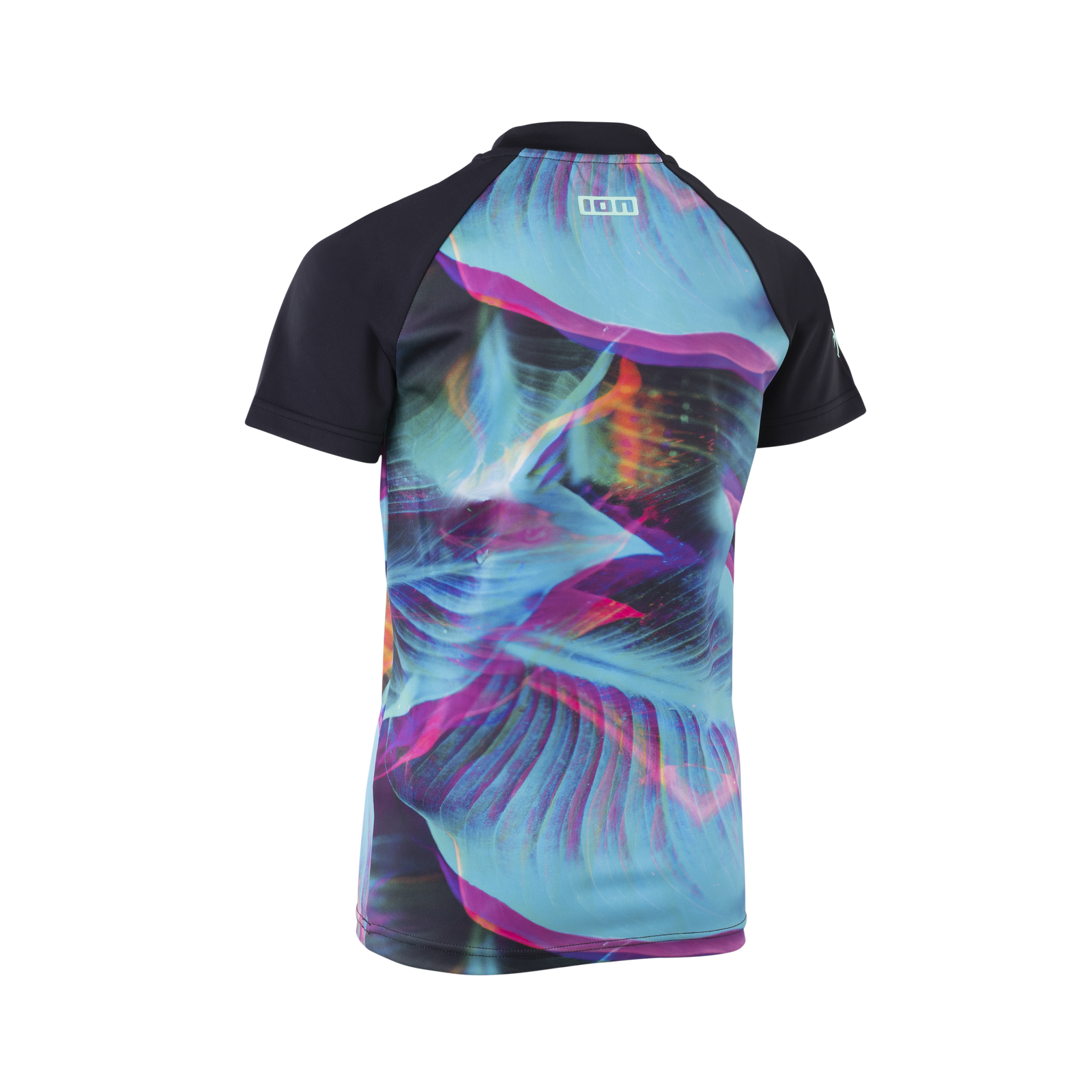 ION Capture short-sleeve rashguard girls in black and blue with abstract print, back view
