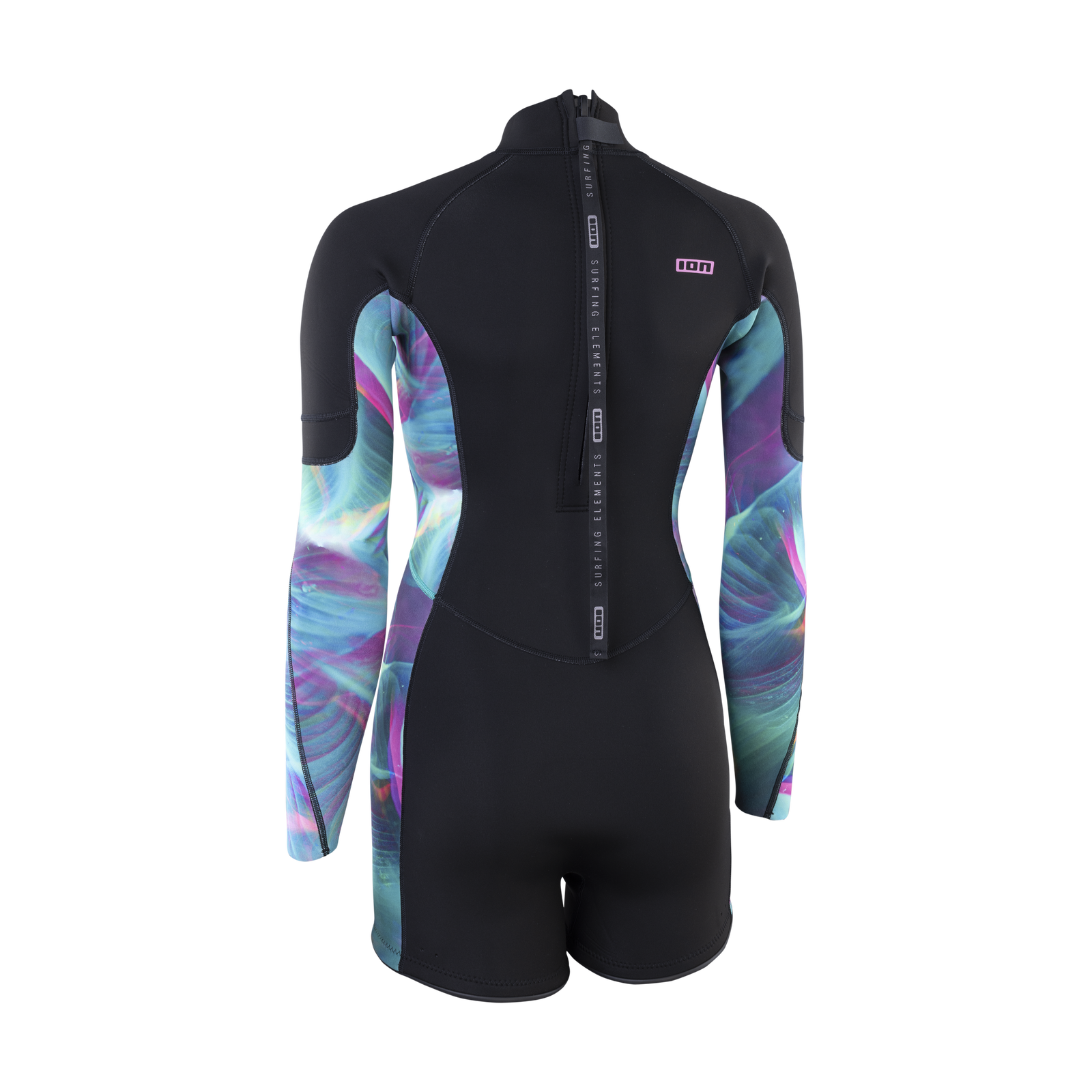 ION Amaze Shorty 2.0 Langarm Backzip Shorty-Neoprenanzug in schwarz mit tropischem Print