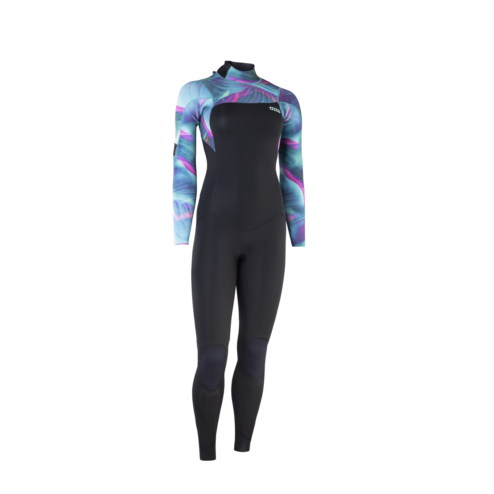 ION Amaze Core 5/4mm back-zip women's fullsuit in black with teal and purple tropical print