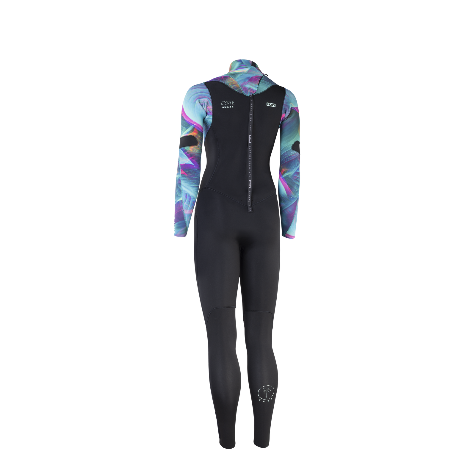 ION Amaze Core 5/4mm back-zip fullsuit women in black with multicolor tropical print