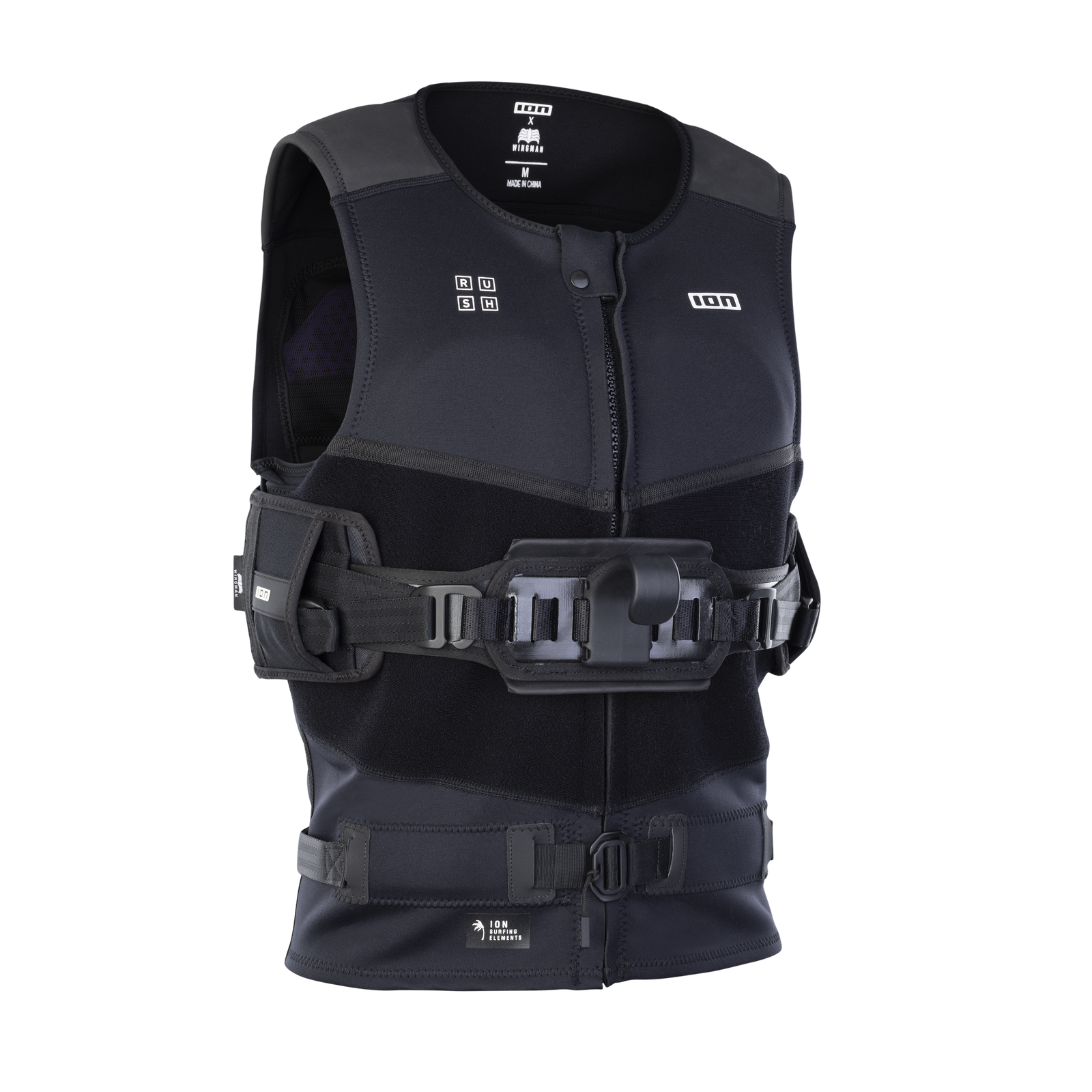 ION Rush wing vest with detachable harness in black, front view