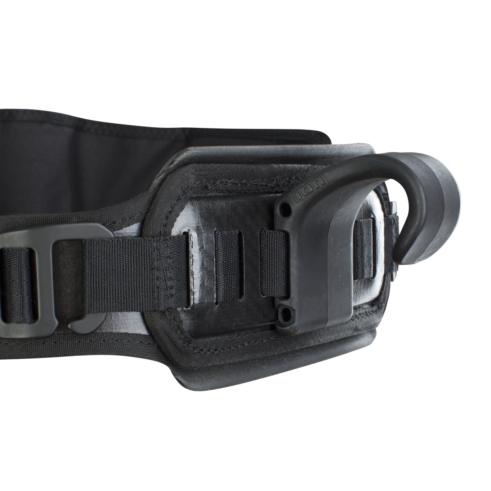 ION Rush Wing Vest waist harness in black with spreader bar plate detail view
