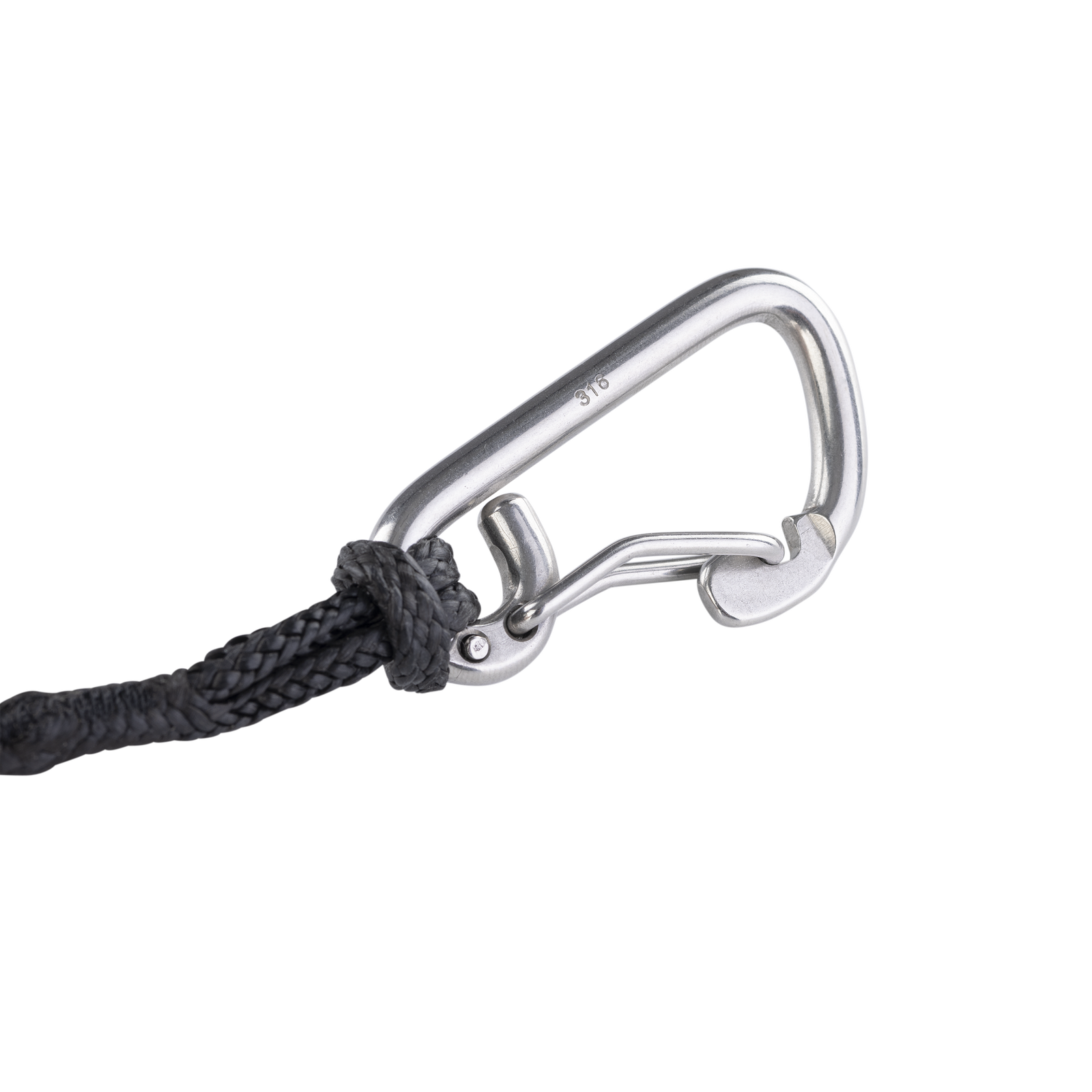 ION Core Waist wing leash 5'5" in black with stainless steel carabiner, detail view