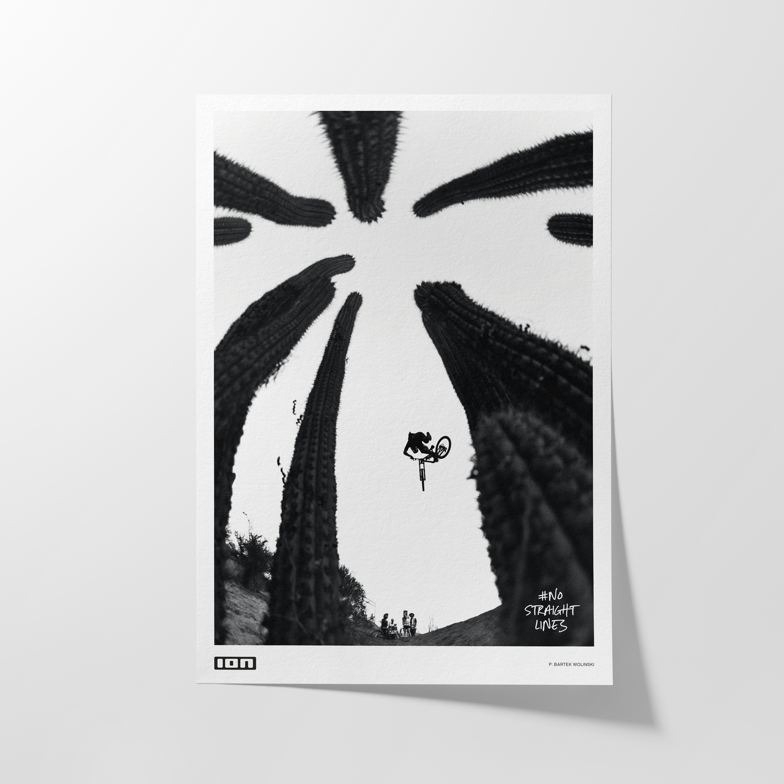 ION Bike No Straight Lines fine art print A4 in black and white with mountain bike action photo