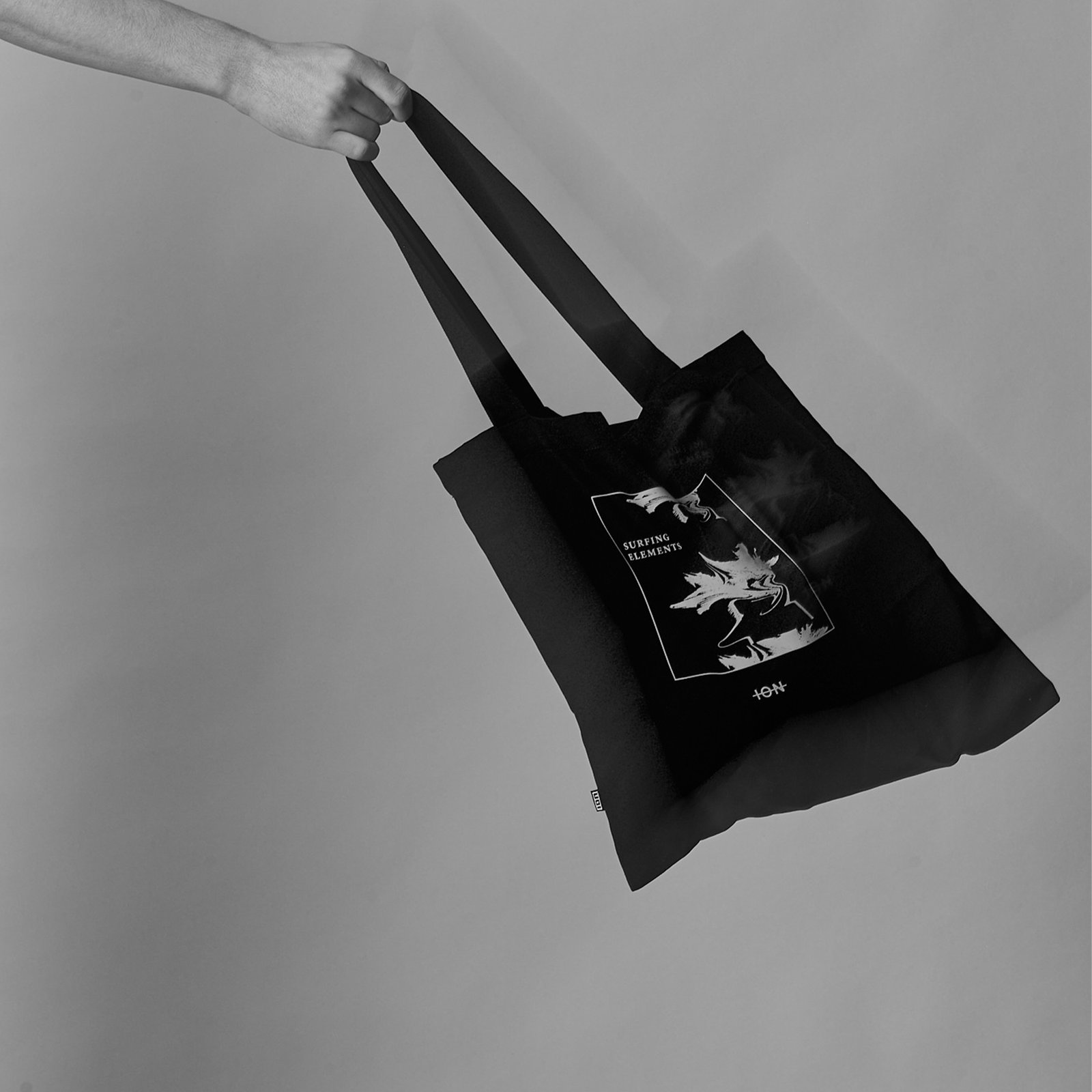 ION Tote Bag Premium organic cotton 44x42cm in black with Surfing Elements graphic print
