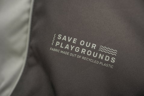ION Core Stubby windsurf board bag detail showing Save Our Playgrounds recycled fabric print in charcoal grey