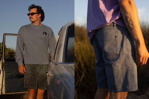 ION Slider denim shorts men in washed blue-grey worn outdoors at golden hour