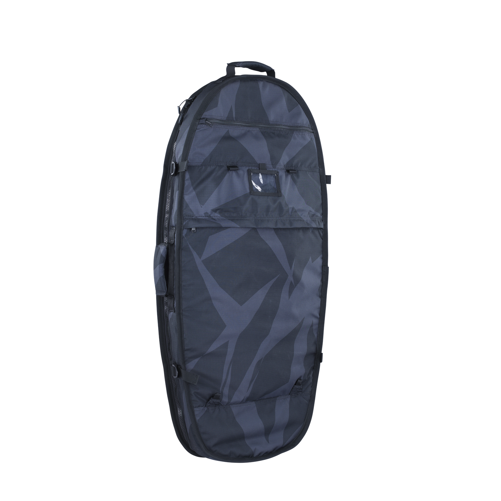 ION Pump Foil Boardbag Tec 3'4'' board bag in charcoal black with geometric print, front view
