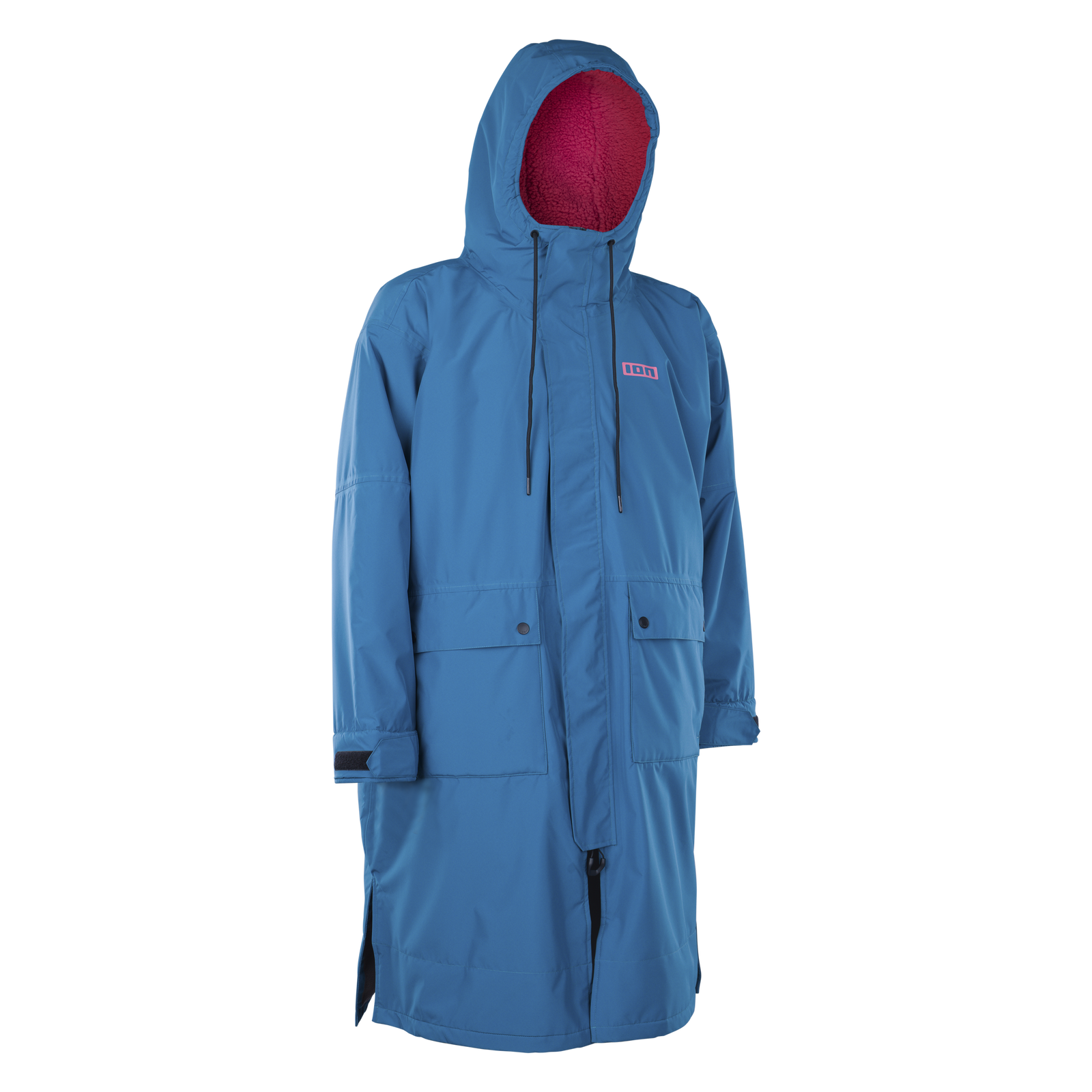ION Water Jacket Storm Coat unisex in steel blue with sherpa-lined hood and snap pockets