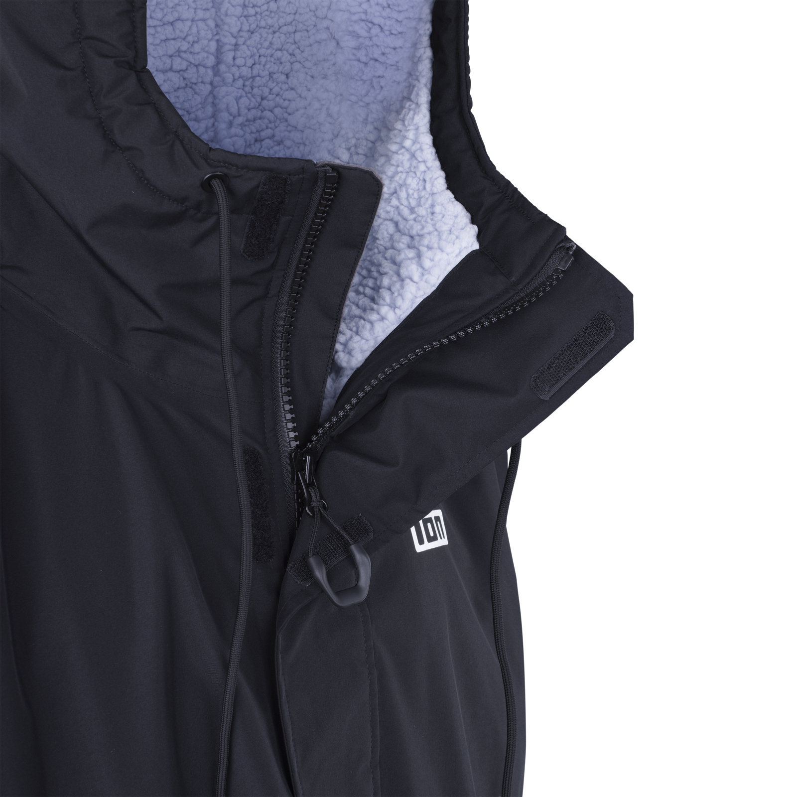ION Storm Coat water jacket unisex in black, hood detail with sherpa fleece lining and full zip
