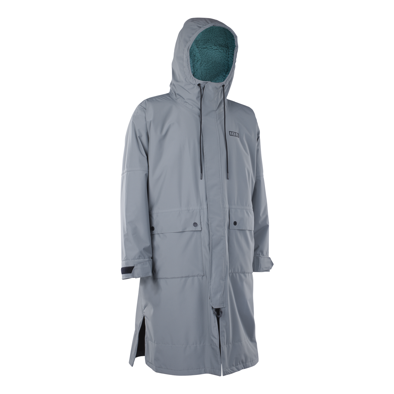 ION Water Jacket Storm Coat unisex in stahlgrau mit Teal-Fleece-Futter, langer wasserabweisender Mantel