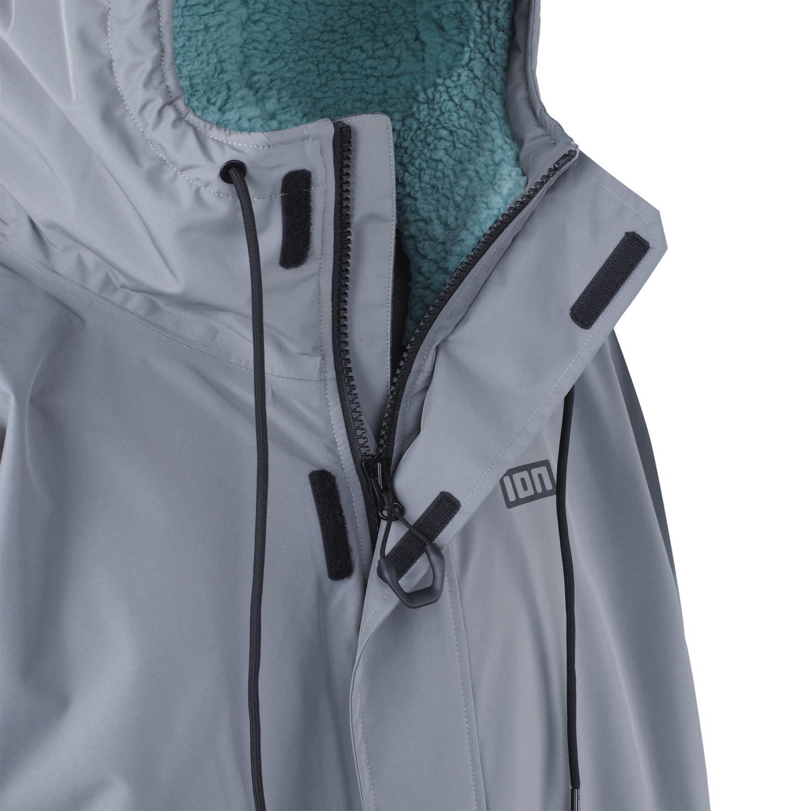 ION Water Jacket Storm Coat Unisex Jacke in schiefergrau mit Kapuze und Fleece-Futter Detail