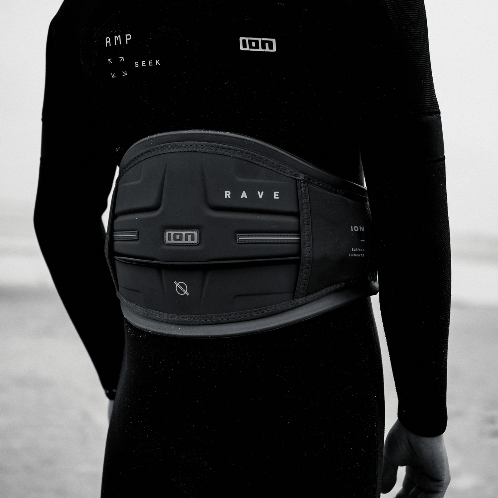 ION Rave waist harness in black with movable hook, back view on model