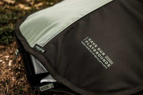 ION Wing Boardbag Core wing foil boardbag in dark charcoal and sage green, recycled fabric
