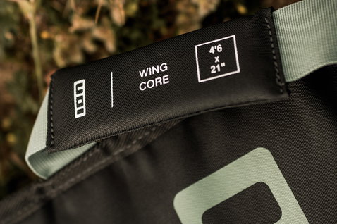 ION Wing Core boardbag 4'6 x 21" in black and sage green, label detail