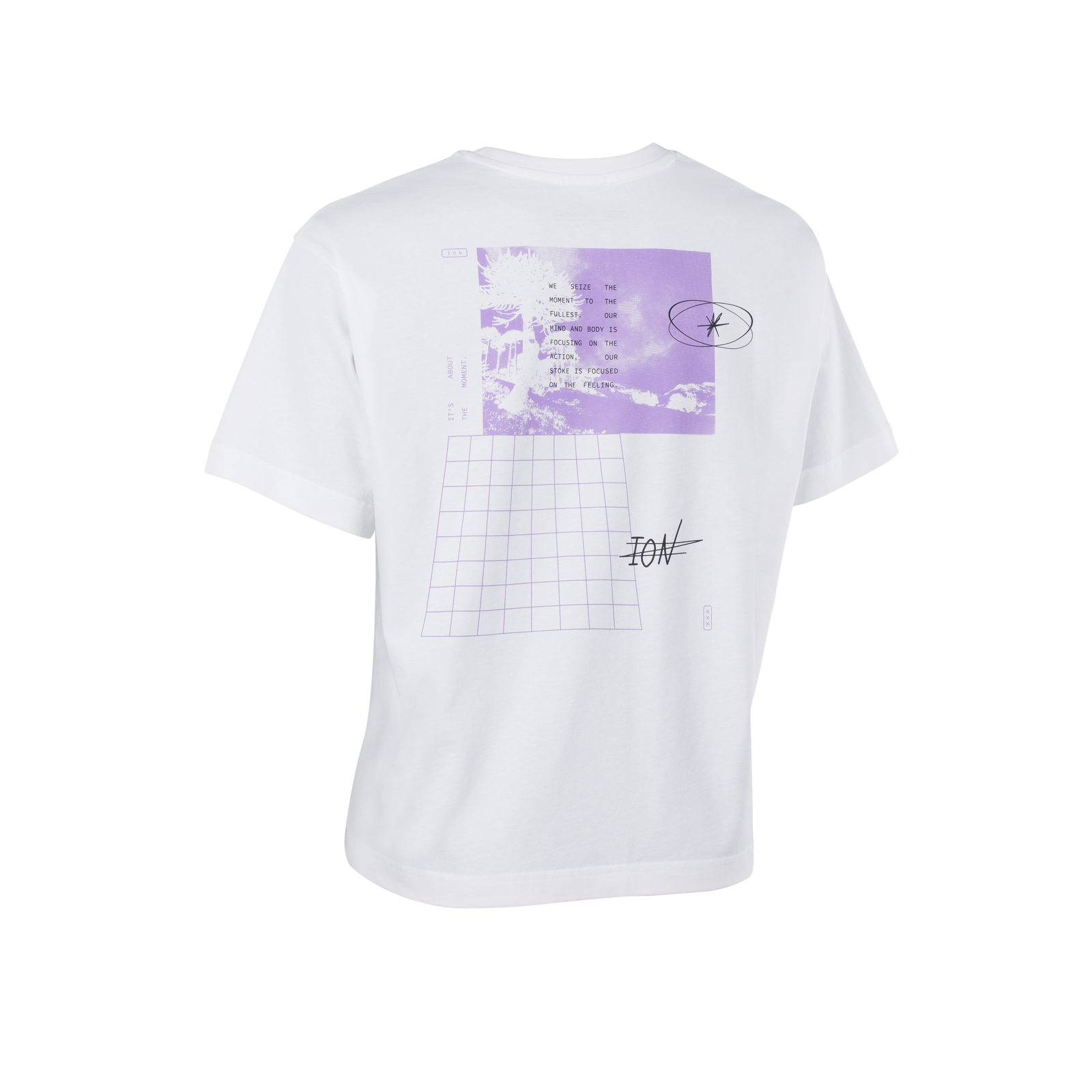 ION Vibes women's t-shirt in white with lavender graphic print, back view