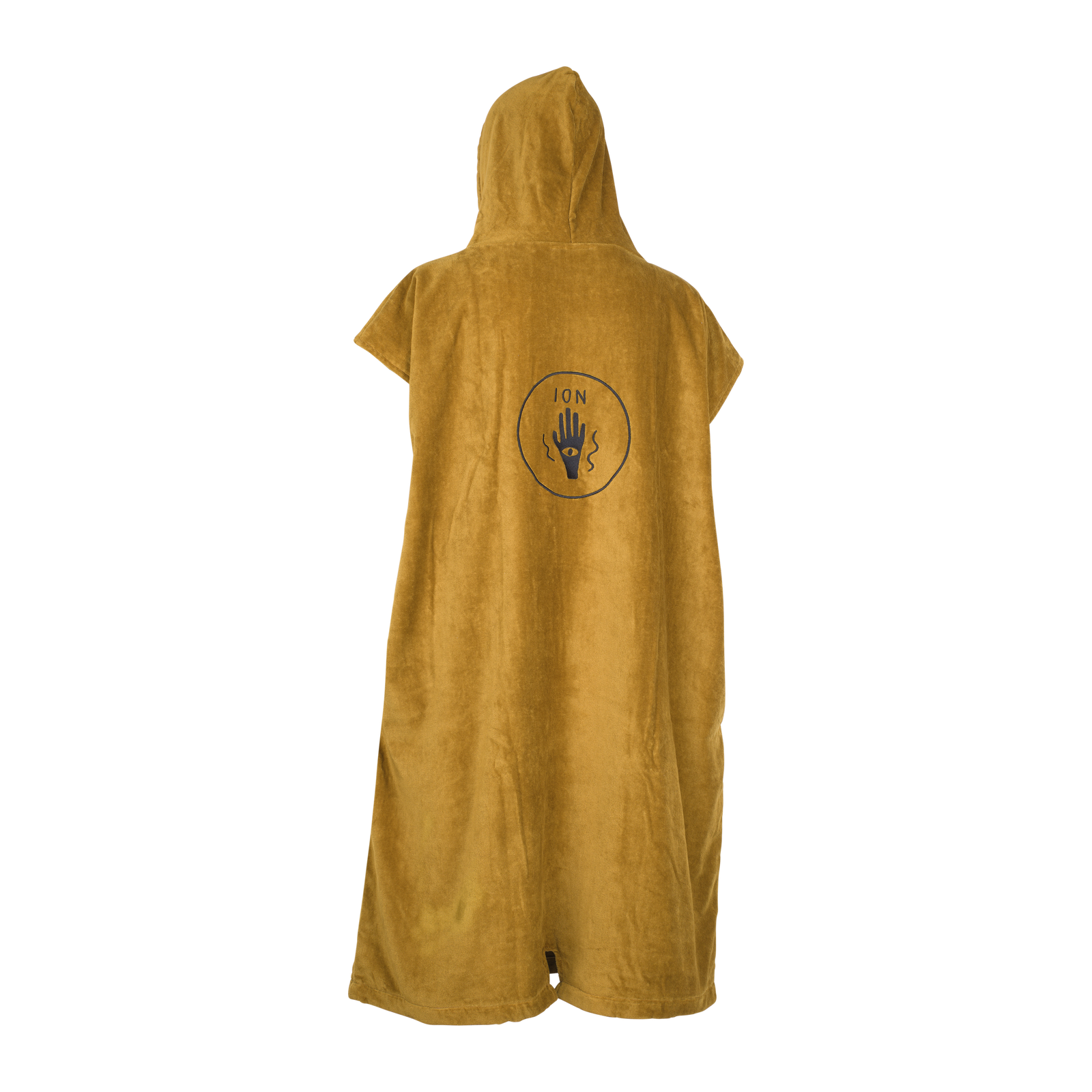 ION Poncho Core changing poncho in gold, back view with hood and logo print