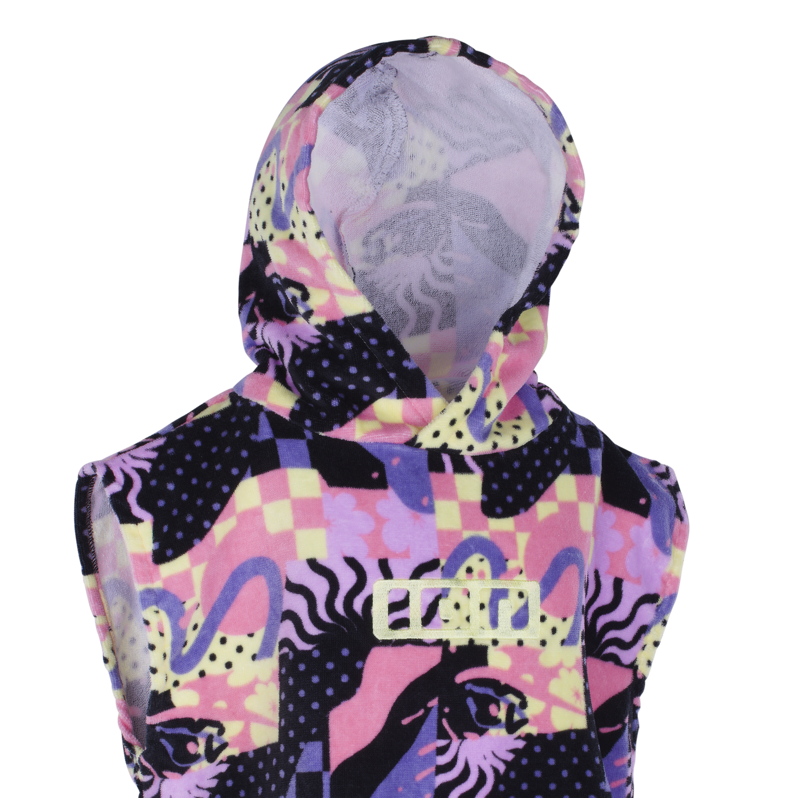 ION Mini Grom kids poncho in purple, pink and yellow all-over print with hood – back view