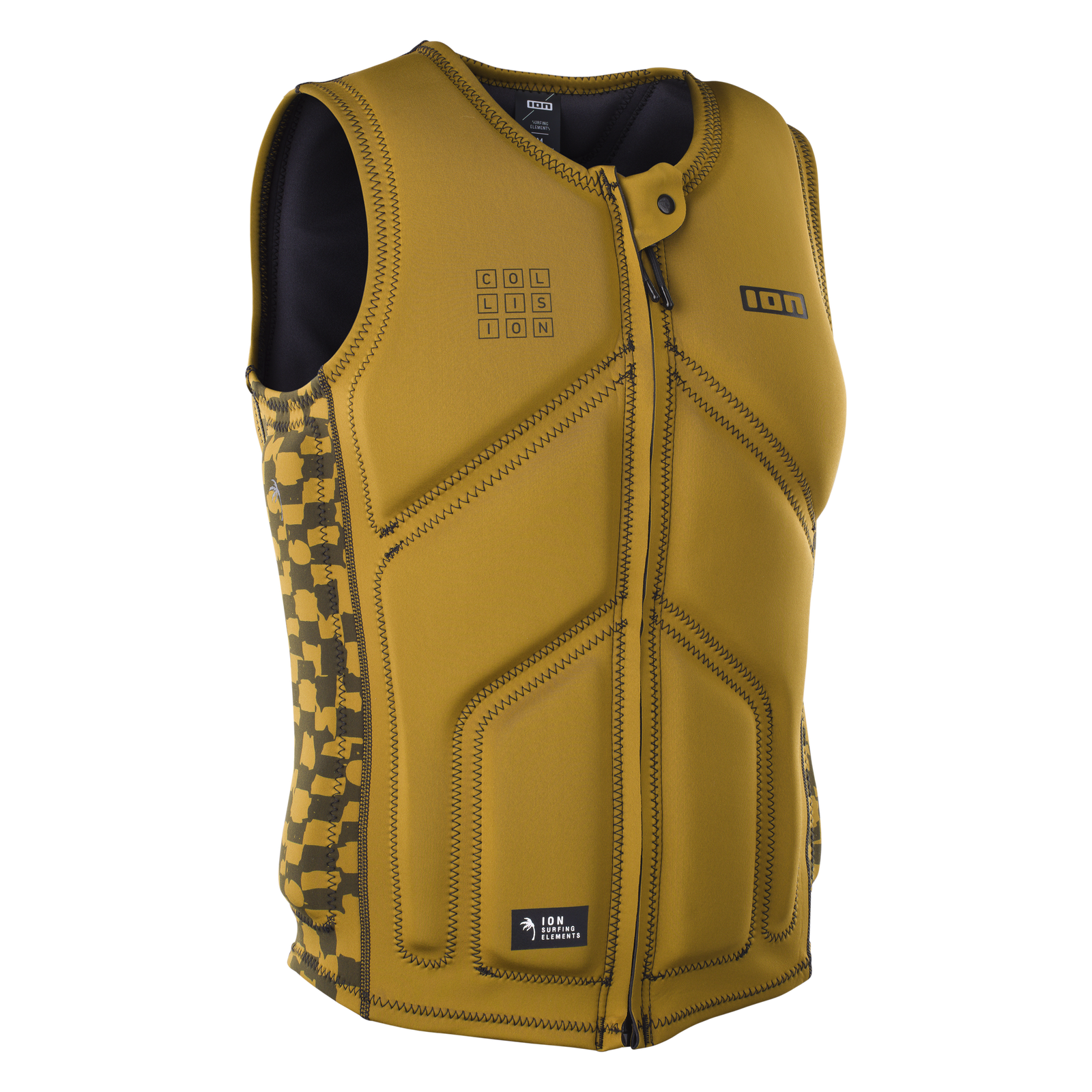 ION Collision Core men's impact vest front zip in dark mustard yellow, three-quarter view