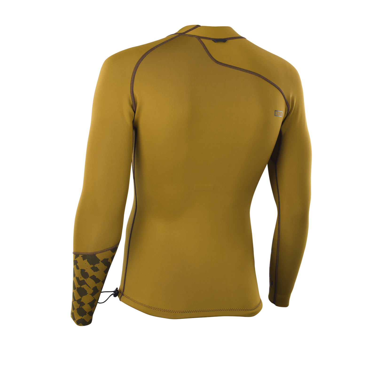 ION Neo Top 0.5 LS men's neoprene top in golden olive with geometric sleeve print