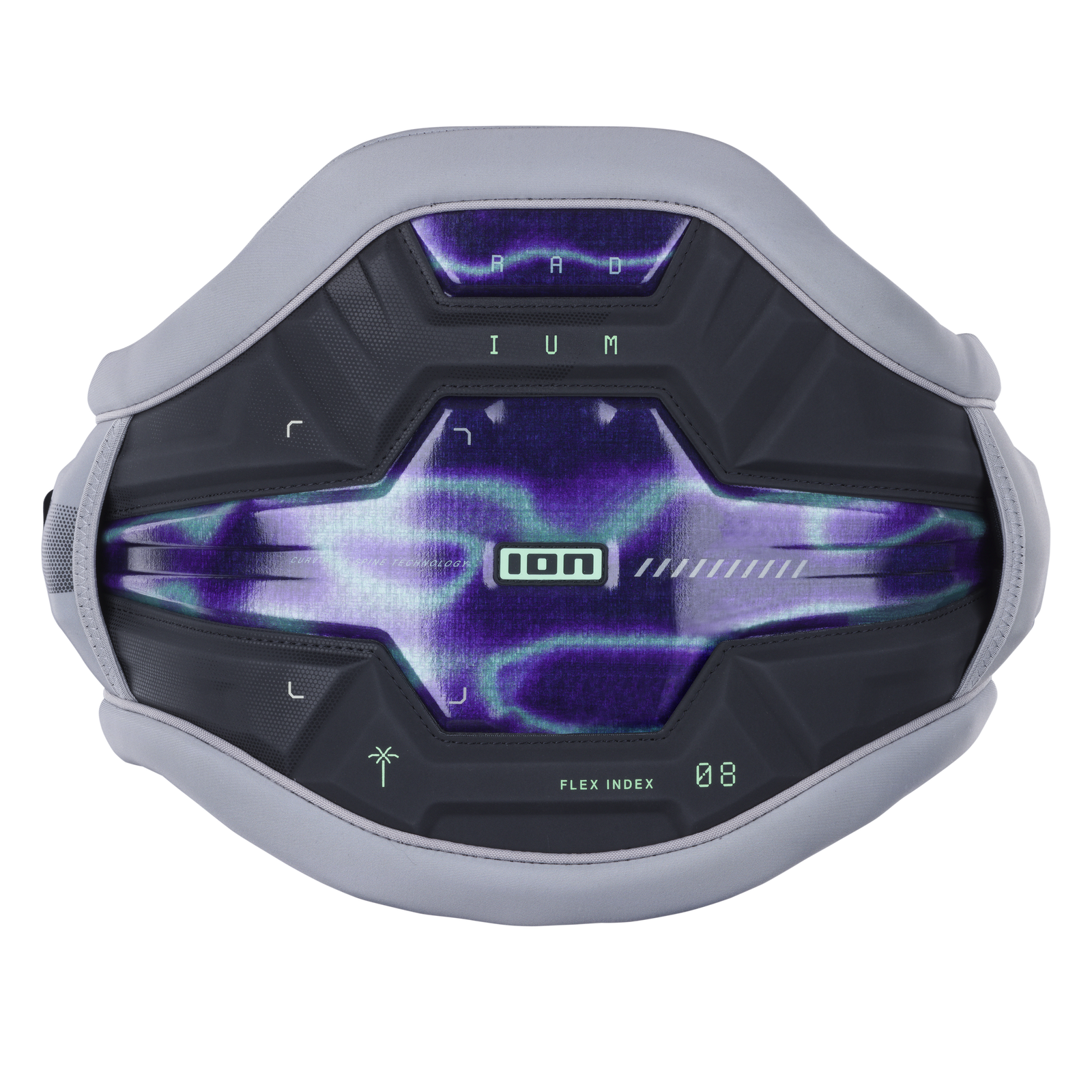 ION Radium waist harness for windsurfing in dark charcoal and violet with hybrid shell