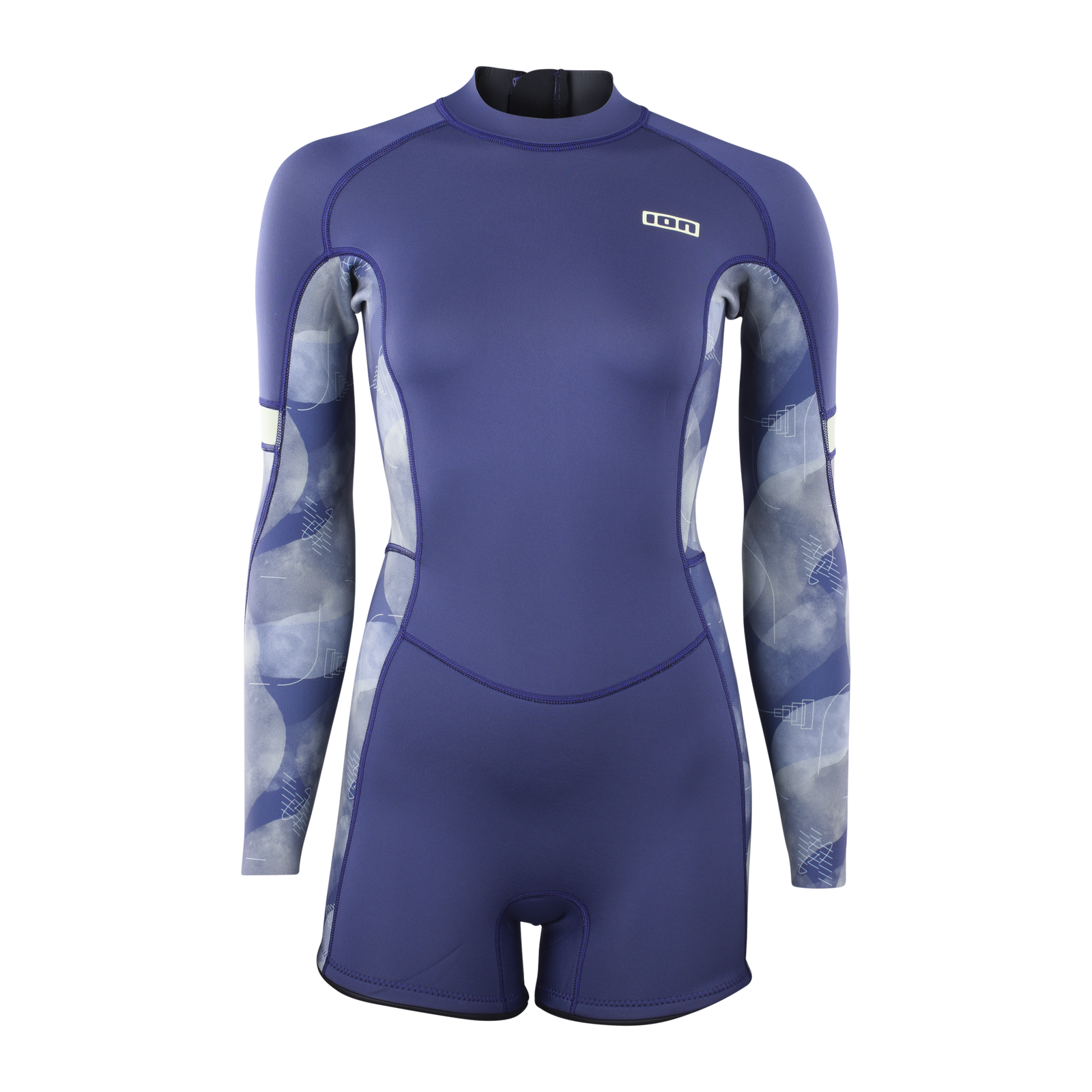 ION Amaze 2mm long-sleeve back-zip shorty wetsuit in midnight blue with grey print panels