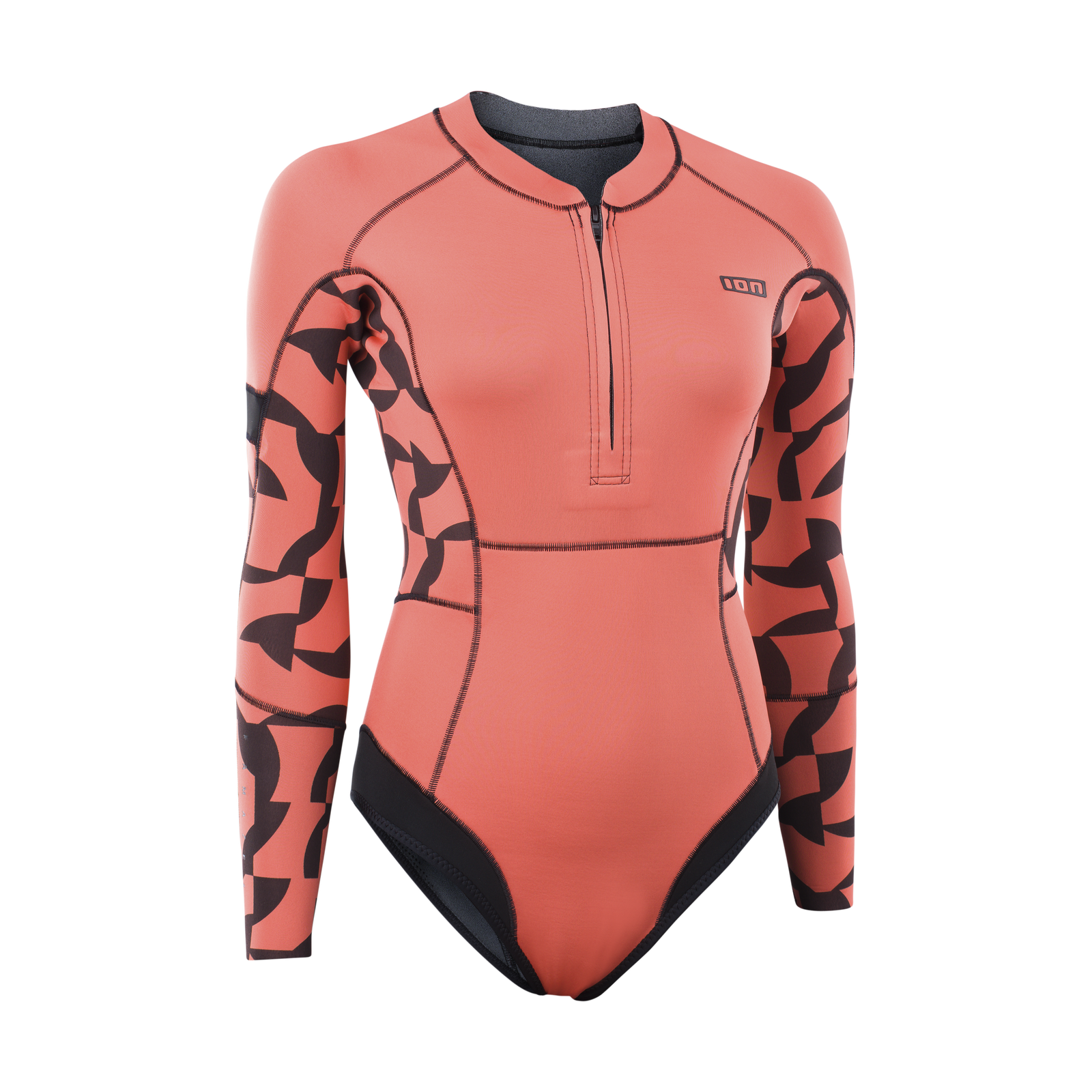 ION Amaze Hot Shorty 1.5mm front-zip long-sleeve women's wetsuit in coral with dark abstract print